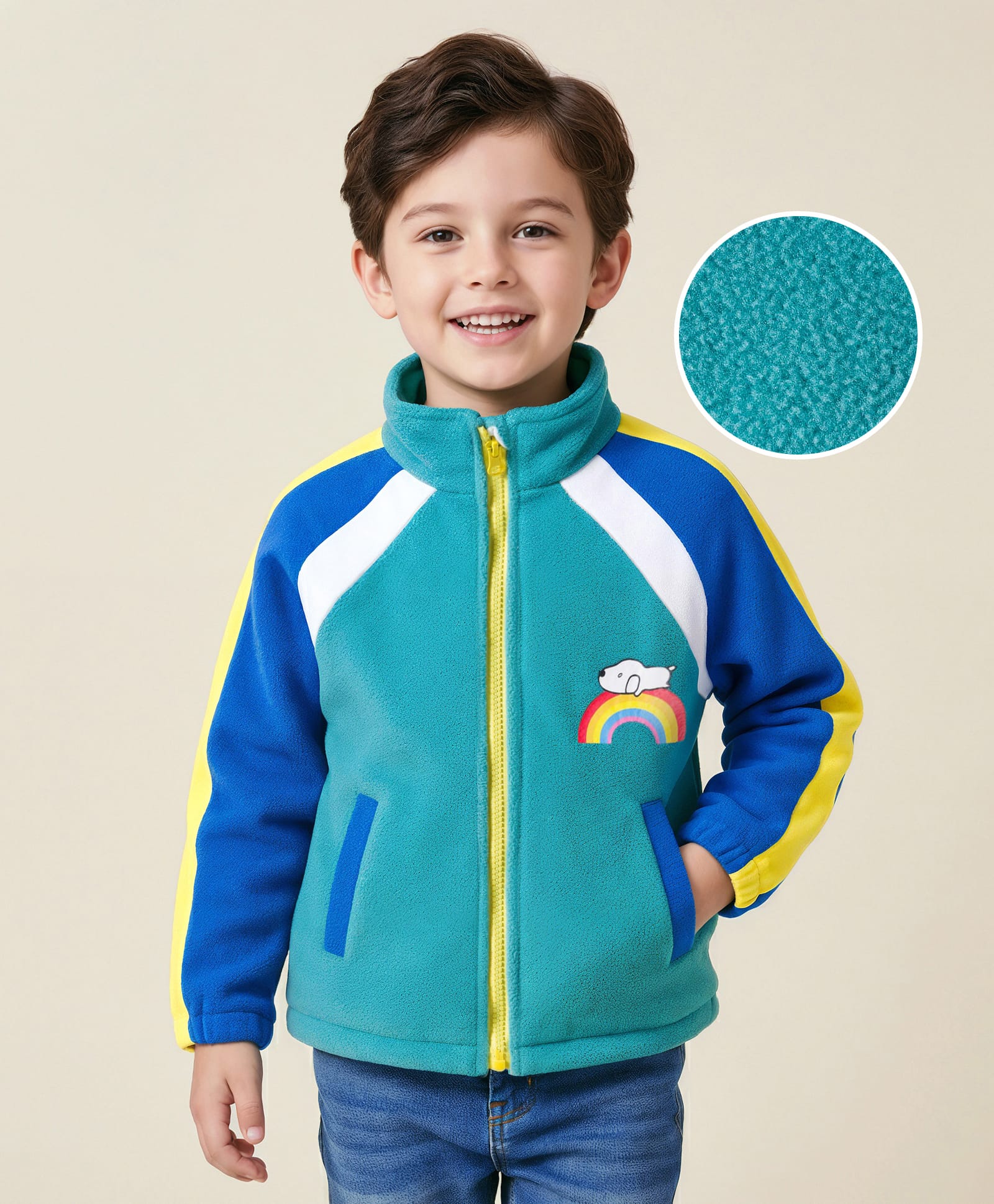 Mark & Mia Full Raglan Sleeves Turtle Neck Jacket With Rainbow & Dog Print & Pockets - Turquoise-picture-11