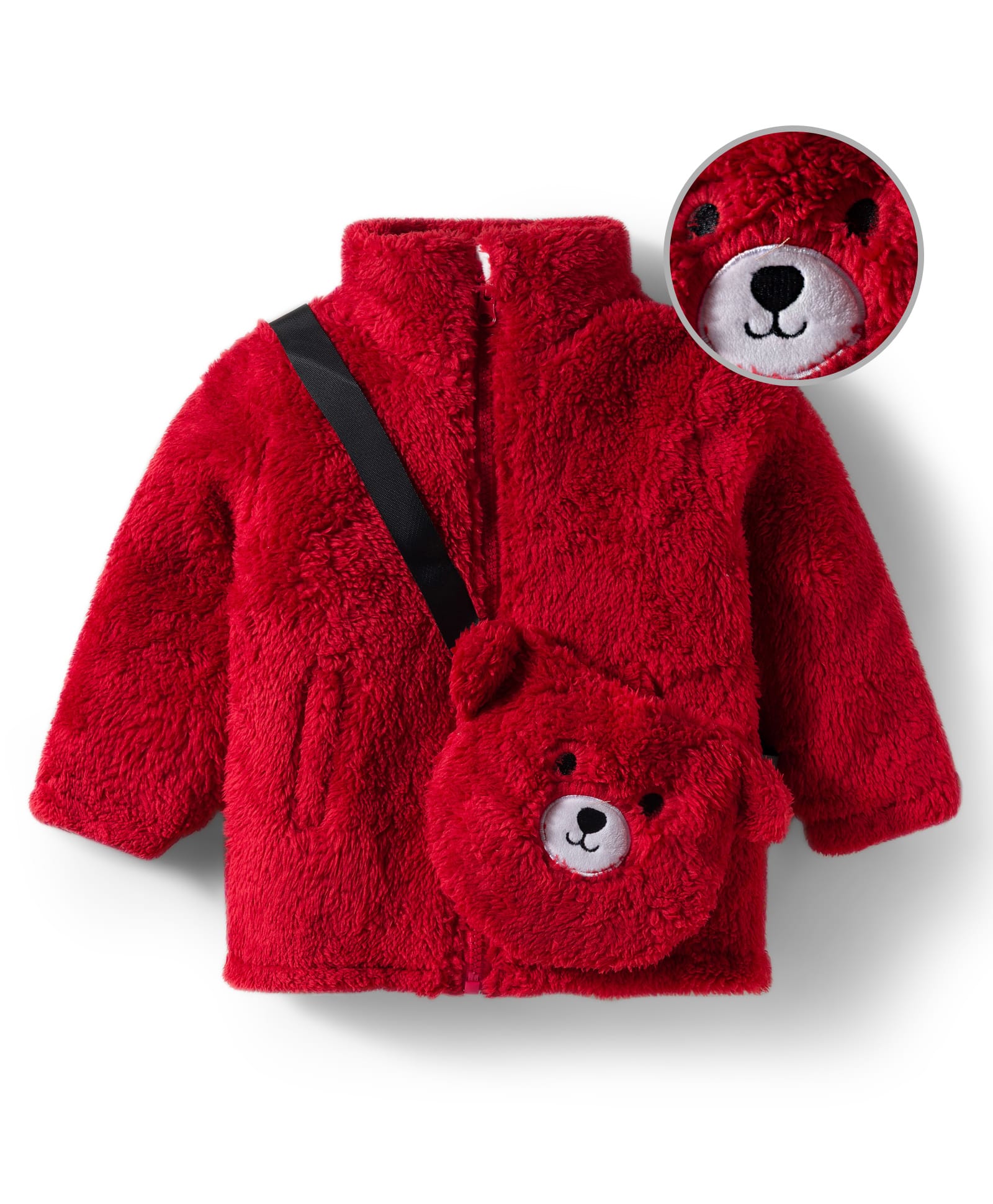 Mark & Mia Full Sleeves Fur Solid Winter Jacket With Teddy Bear Sling Bag - Red-image-22