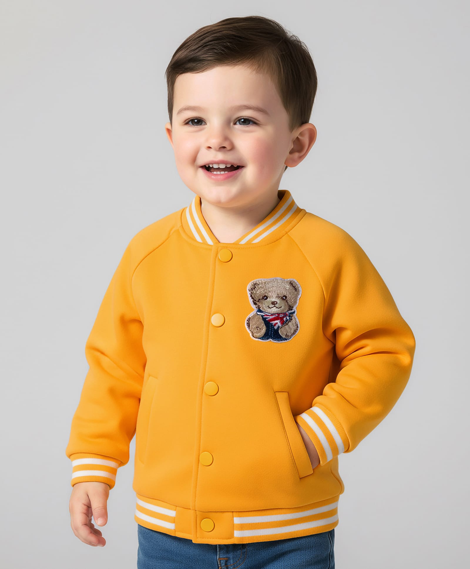 Mark & Mia Full Raglan Sleeves Bomber Jacket With Teddy Bear Print - Yellow