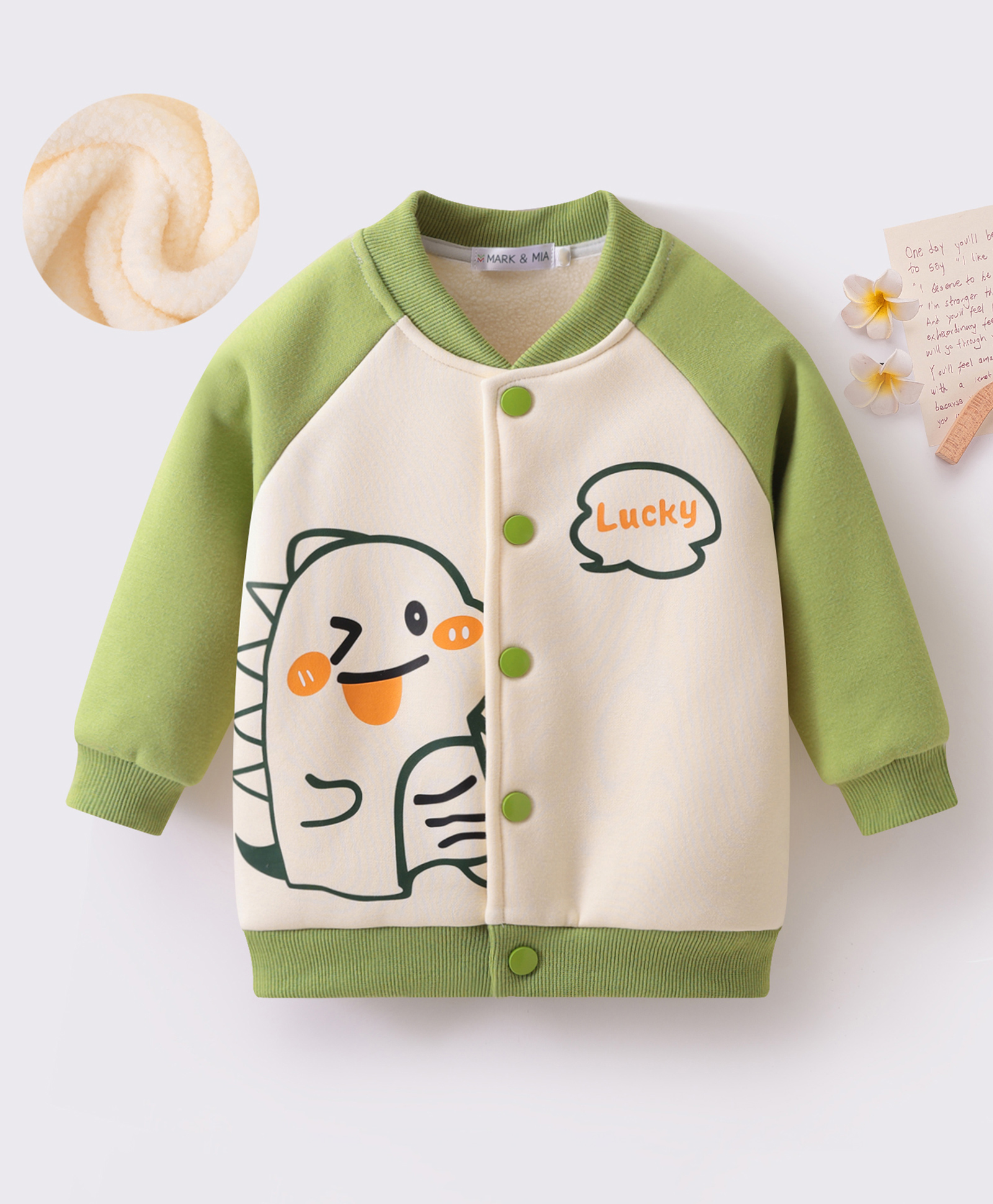 Mark & Mia Full Raglan Sleeves Front Open Jacket with Dino & Lucky Text Print - Green & White-picture-26