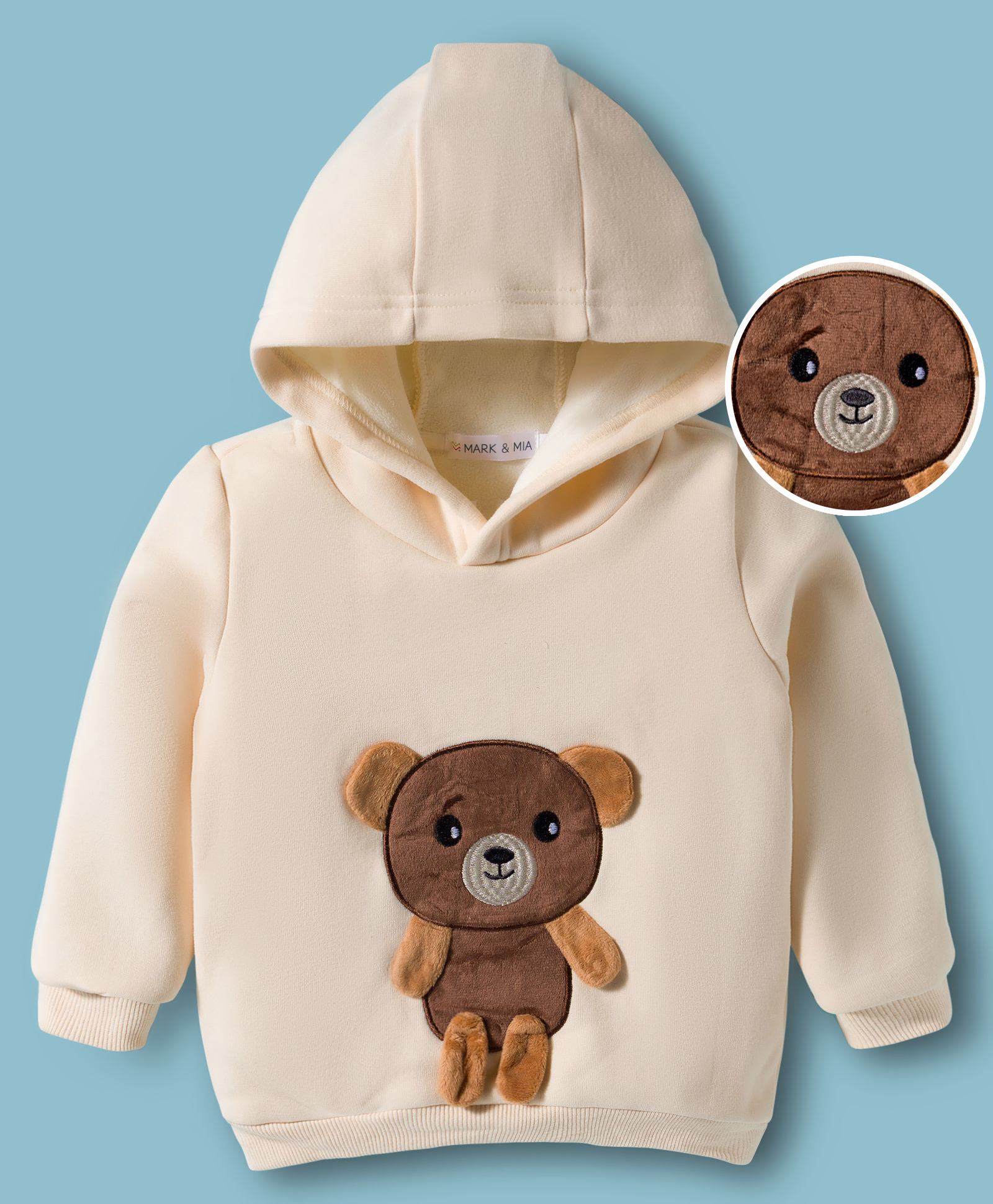 Mark & Mia Full Sleeves Hooded Sweatshirt With Teddy Bear Embroidery - Beige