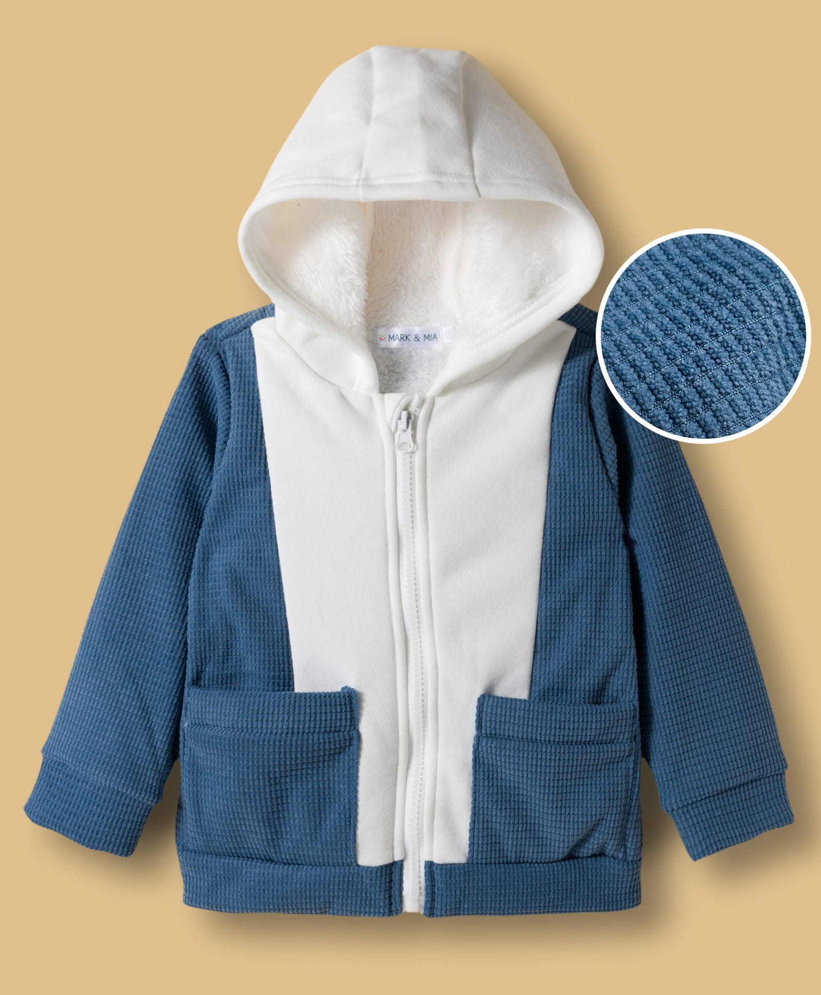 Mark & Mia Full Sleeves Cut & Sew Hooded Sweatjacket with Pockets - Blue & White-picture-17