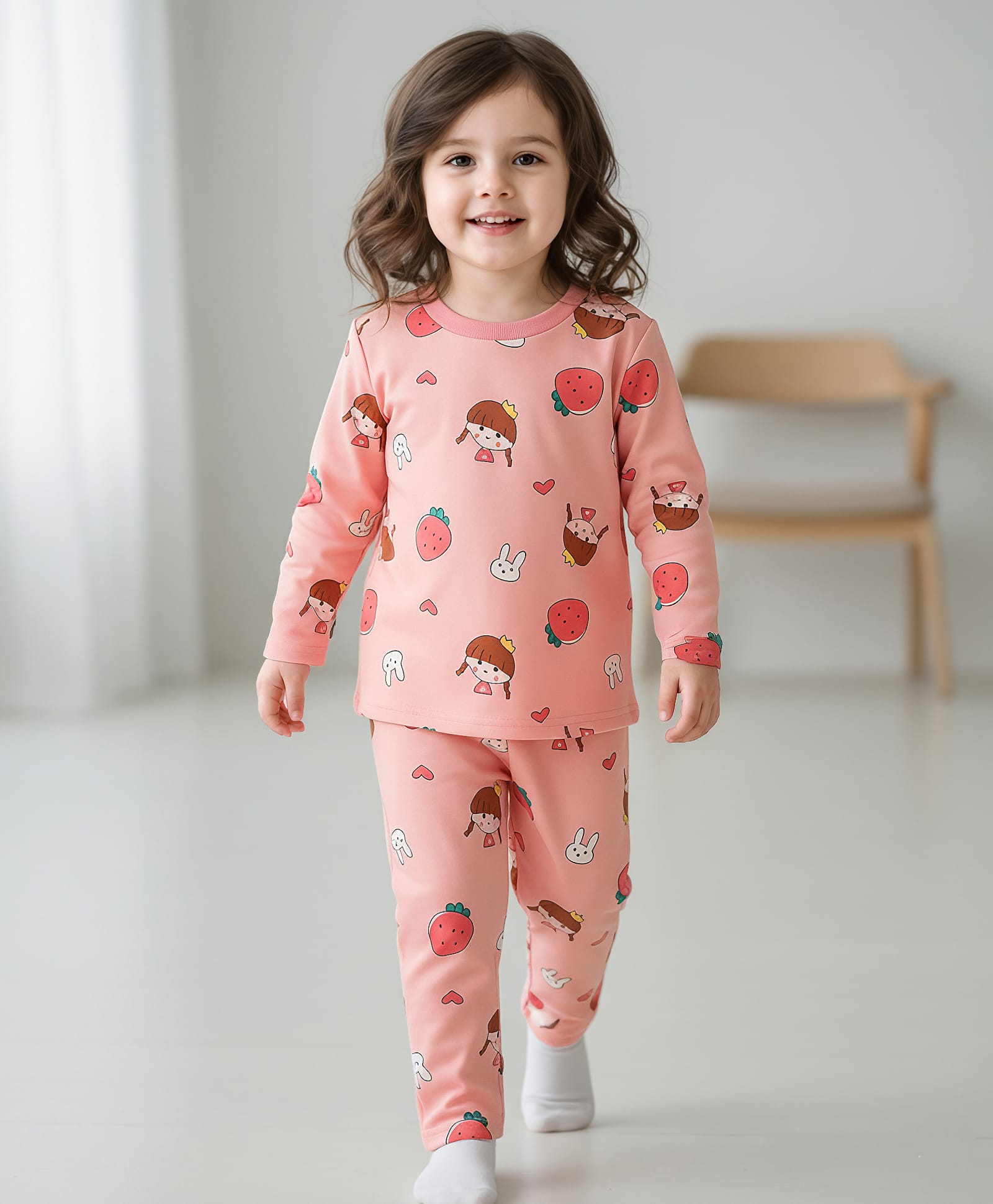 Mark & Mia Full Sleeves Co-Ord Winter Wear Night Suit with Strawberry & Bunny Print - Pink-image-49