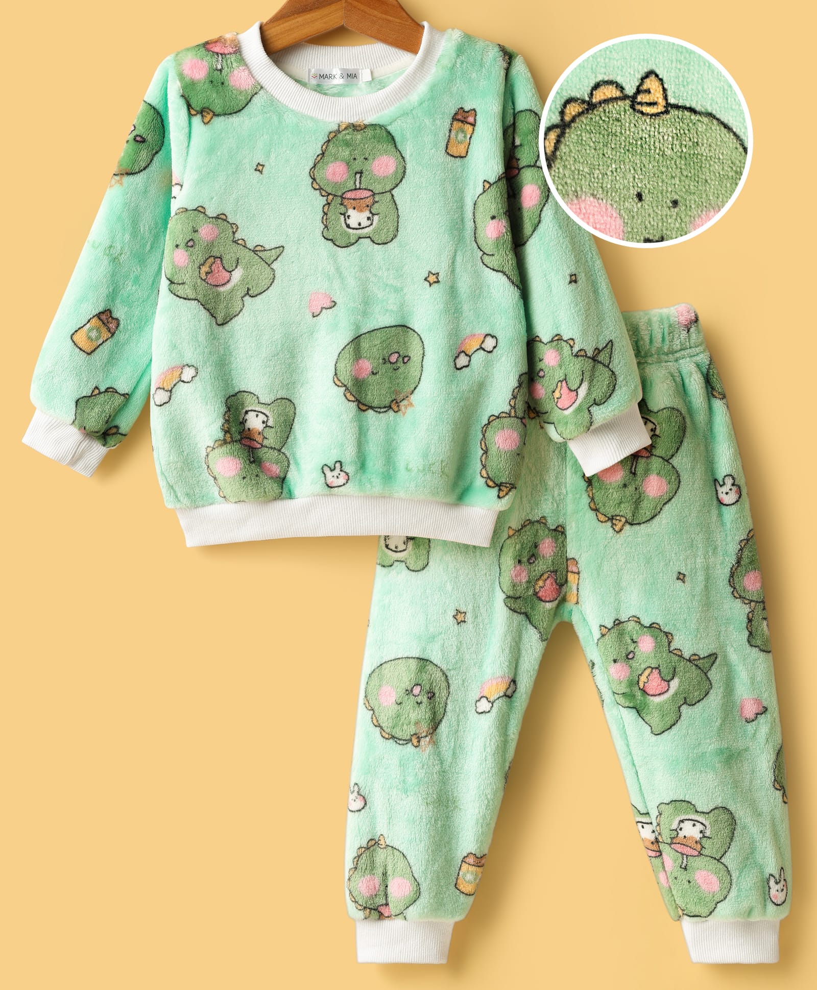 Mark & Mia Full Sleeves Co-Ord Winter Wear Night Suit with Dino Print - Light Green-image-44