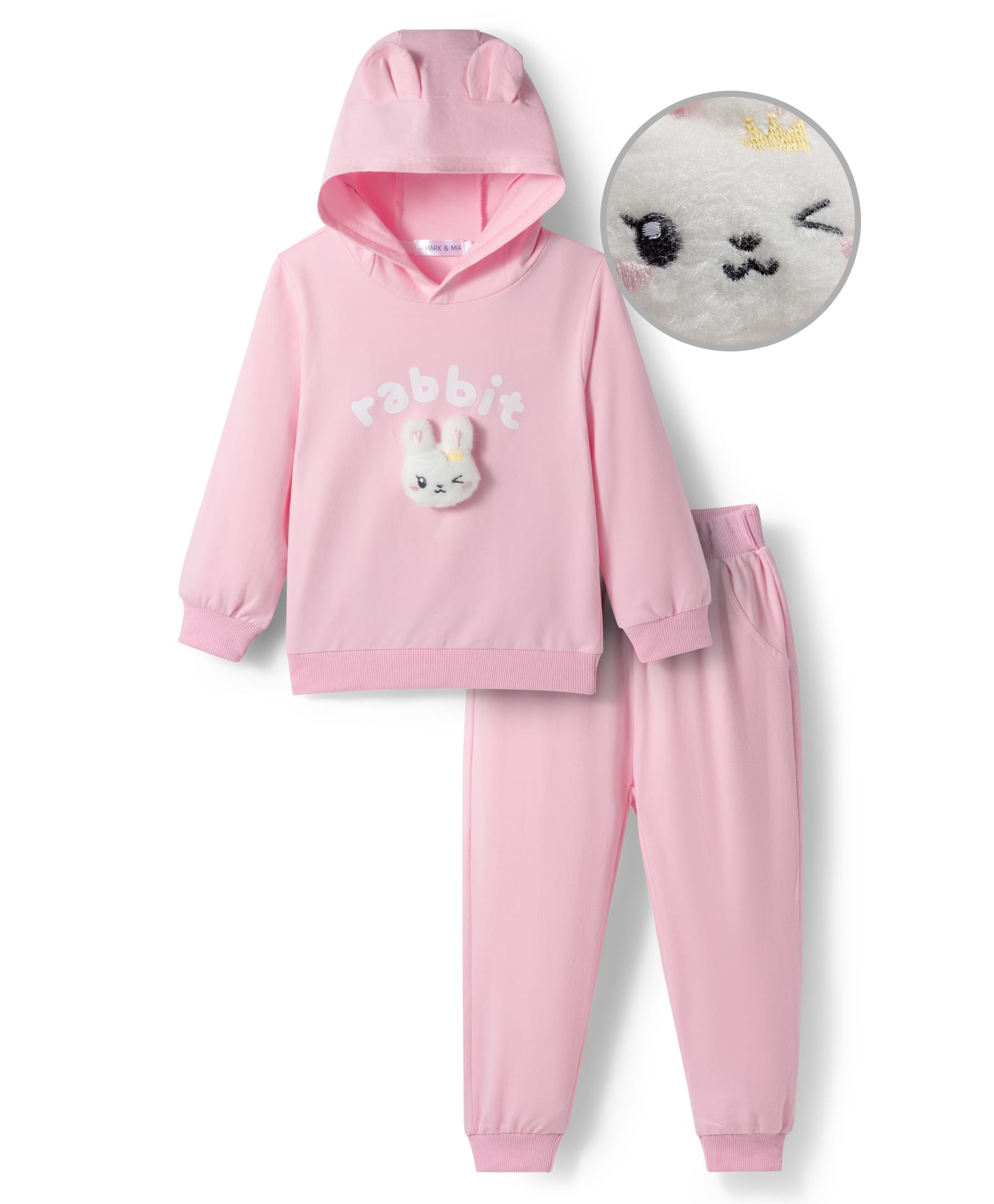 Mark & Mia Cotton Full Sleeves Winter Wear Hooded T-Shirt & Joggers Set With Bunny Applique - Pink-image-31