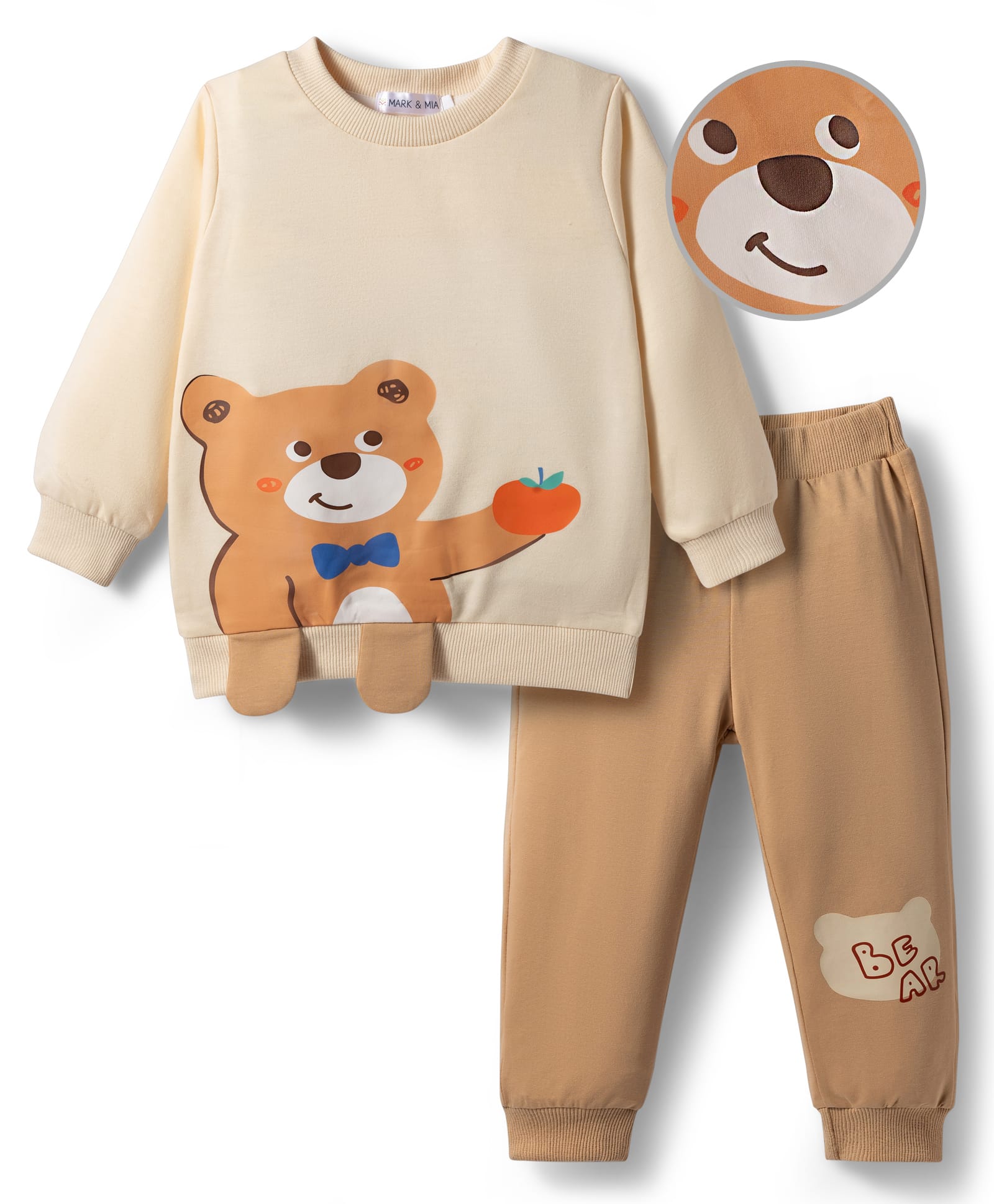 Mark & Mia Full Sleeves Winter Wear T-Shirt & Joggers Set With Teddy Applique - Tan & Beige-image-17
