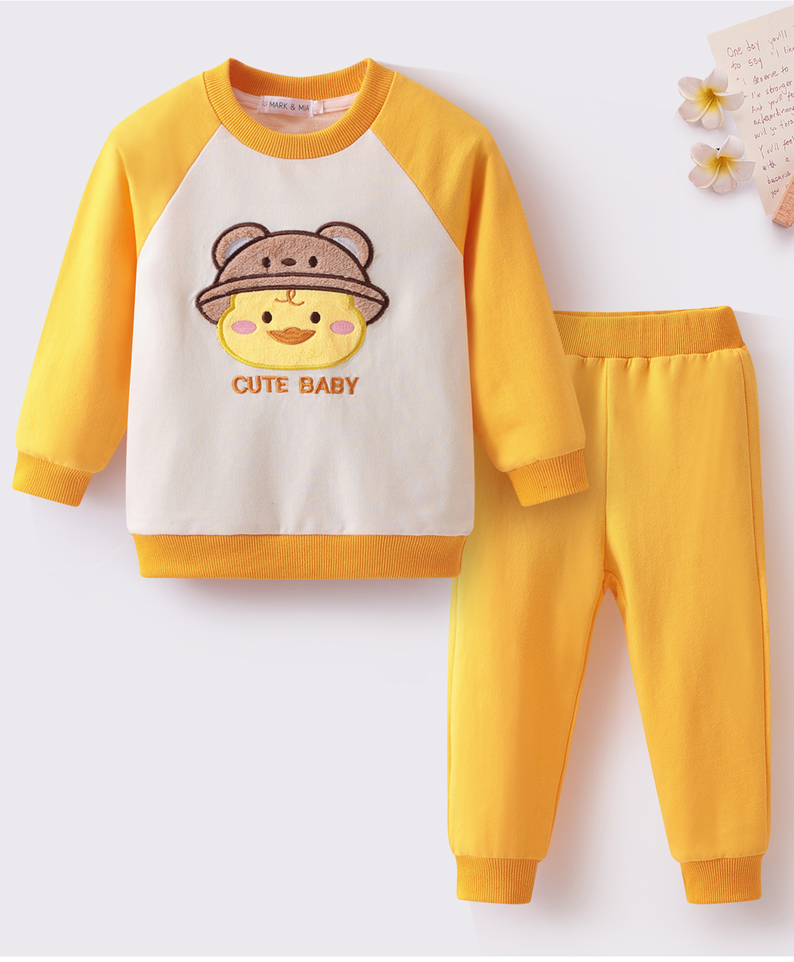 Mark & Mia Cotton Full Raglan Sleeves T-Shirt & Lounge Pant Set With Animal Embriodery - Yellow