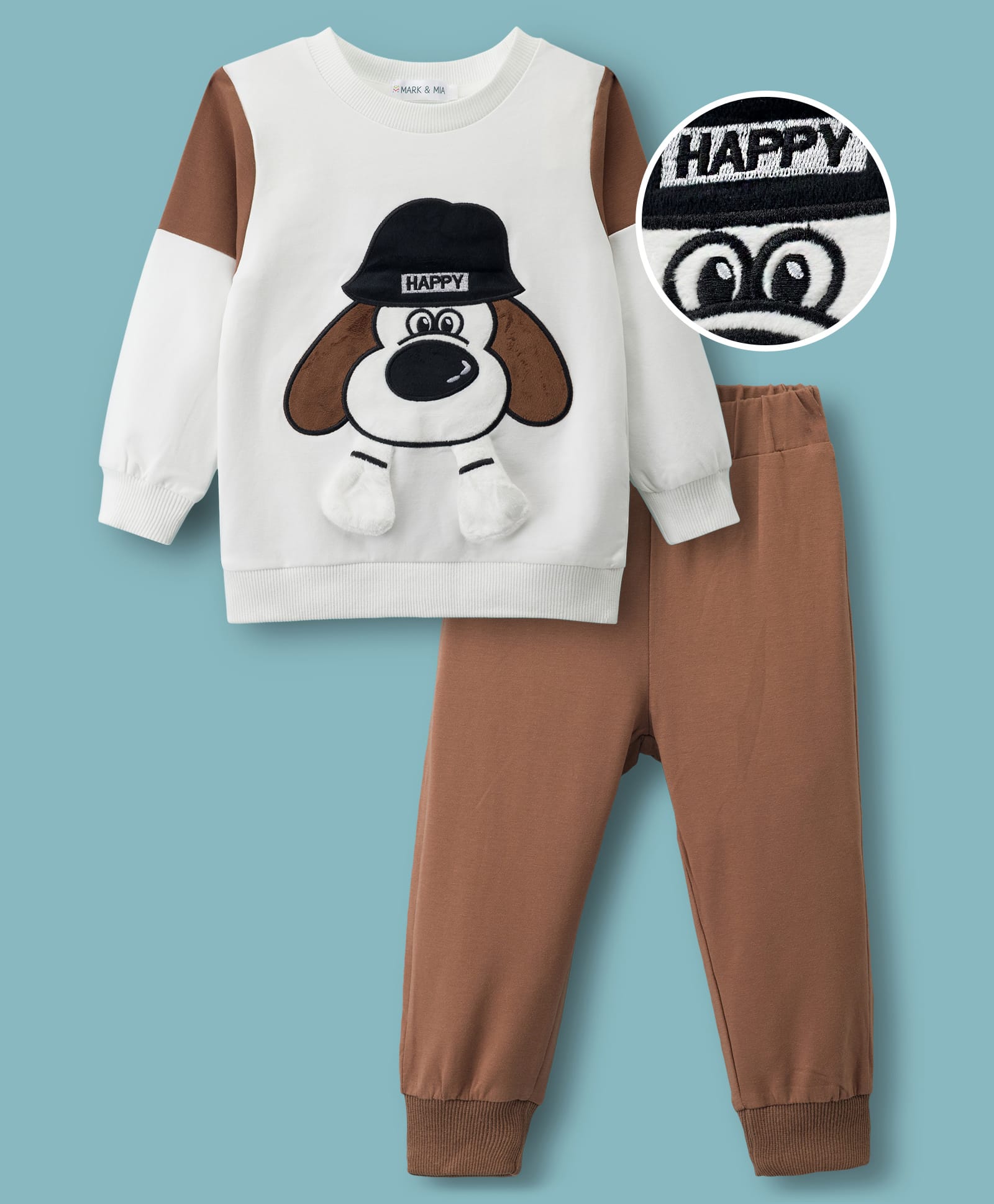 Mark & Mia Cotton Full Sleeves Winter Wear T-Shirt & Joggers Set With Doggy Applique - White & Brown-image-20
