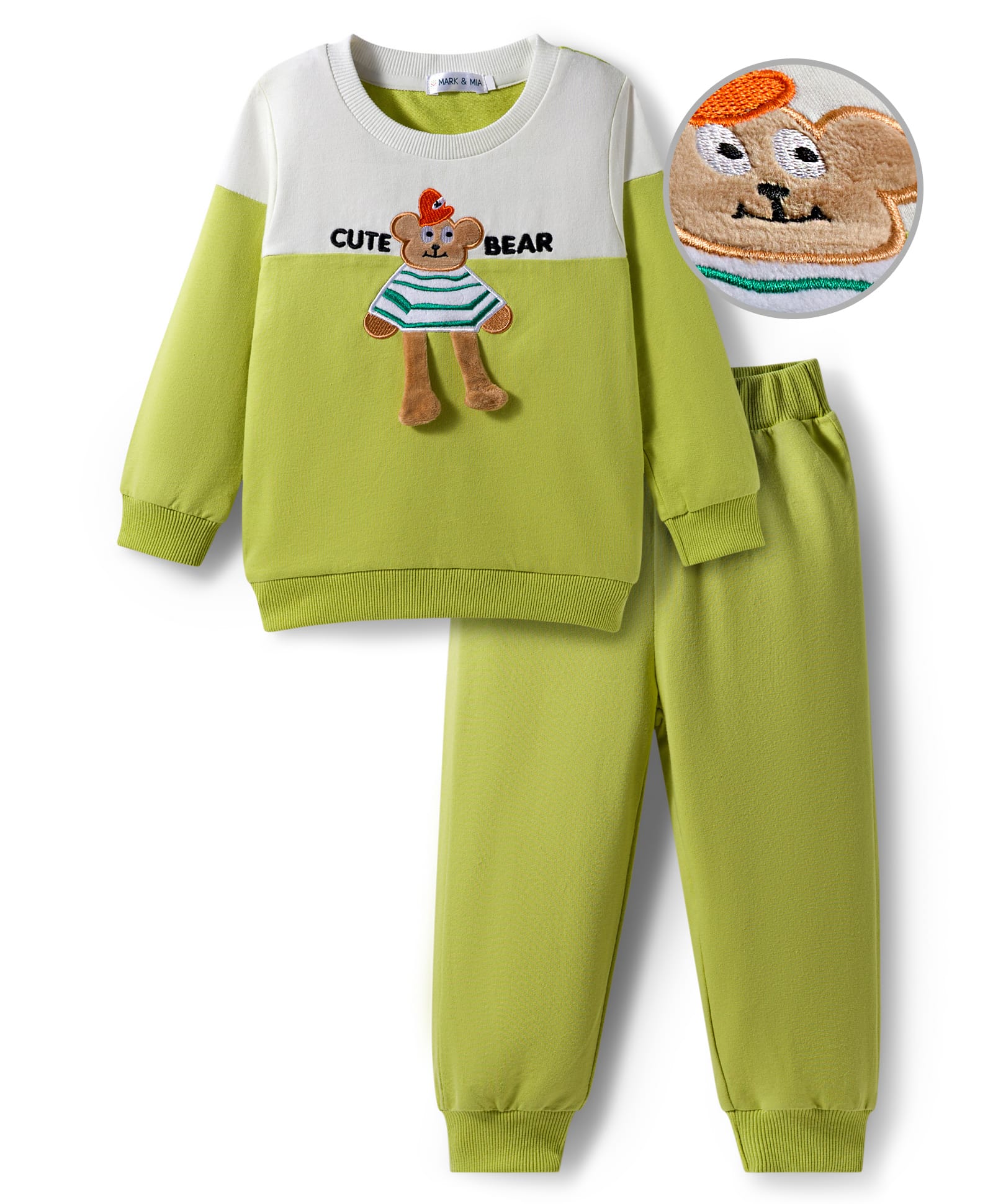 Mark & Mia Full Sleeves Winter Wear T-Shirt & Joggers Set With Teddy Applique - Green & White-image-23
