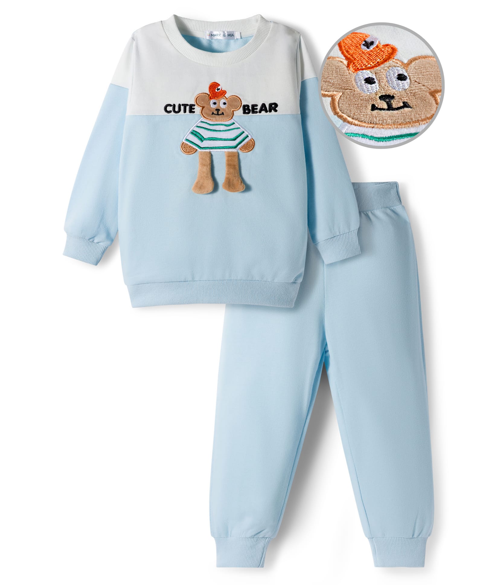 Mark & Mia Cotton Full Sleeves Winter Wear T-Shirts & Joggers Set With Teddy Patch Embroidery - Light Blue-image-7
