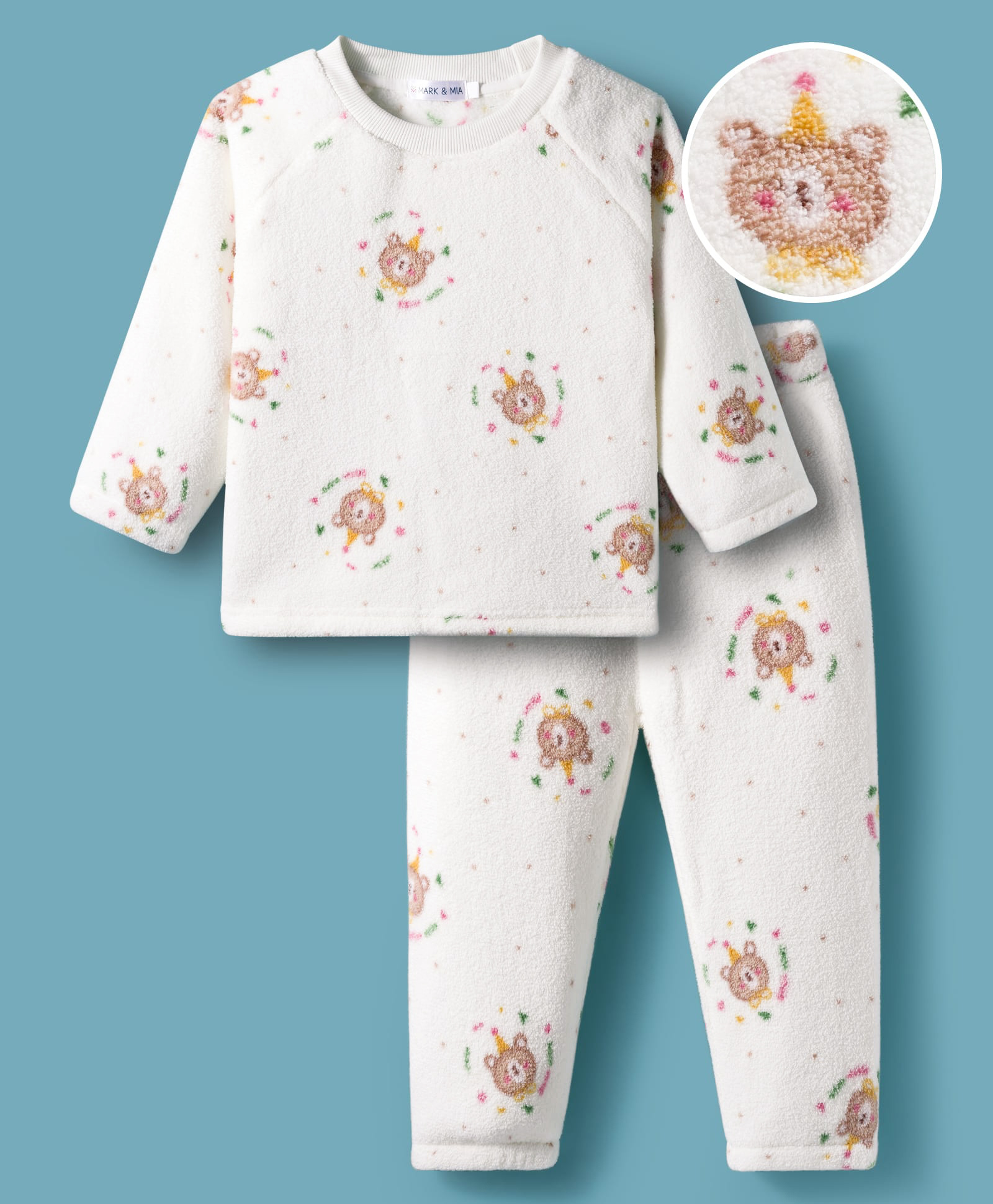 Mark & Mia Full Raglan Sleeves Winter Wear Co-ords Night Suit With Bear Print - White-image-33