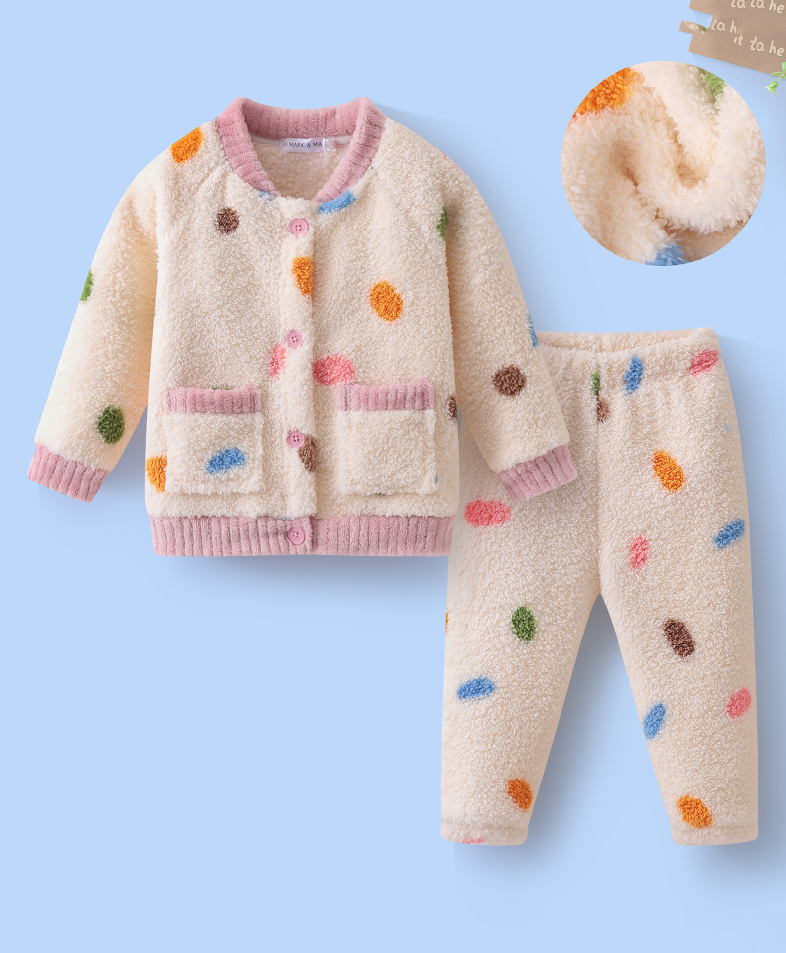 Mark & Mia Full Sleeves Winter Wear Co-ord Night Suit with Pockets & Polka Dots - Beige-image-48