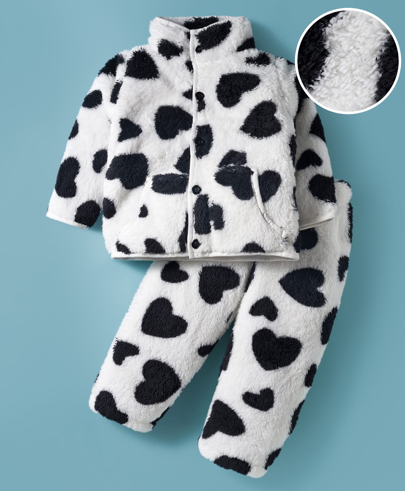 Mark & Mia Full Sleeves Co-ord Winter Night Suit with Heart Print & Kangaroo Pocket - White-image-20