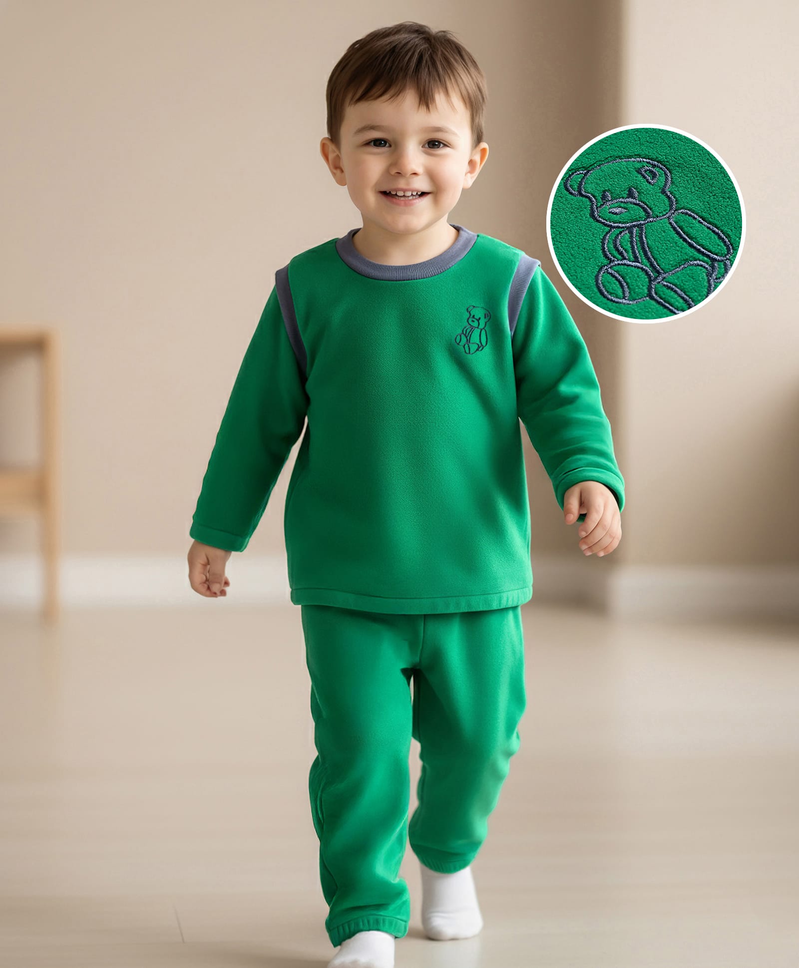 Mark & Mia Full Sleeves Winter Wear Night Suit With Bear Embroidery - Green-image-22