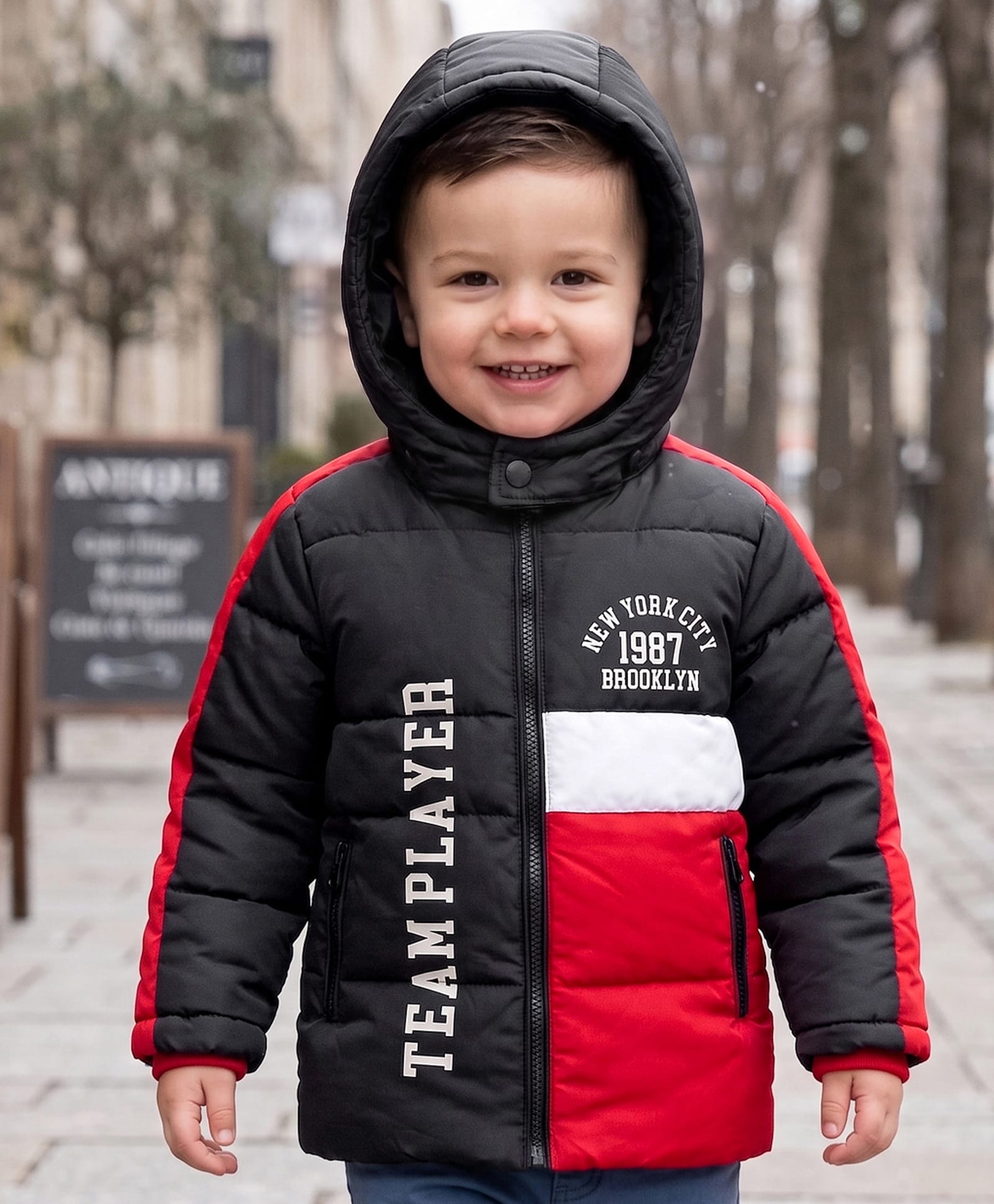Babyhug Woven Full Sleeves Hooded Padded Jacket With Text Print & Detachable Hood - Red & Navy Blue-image-31
