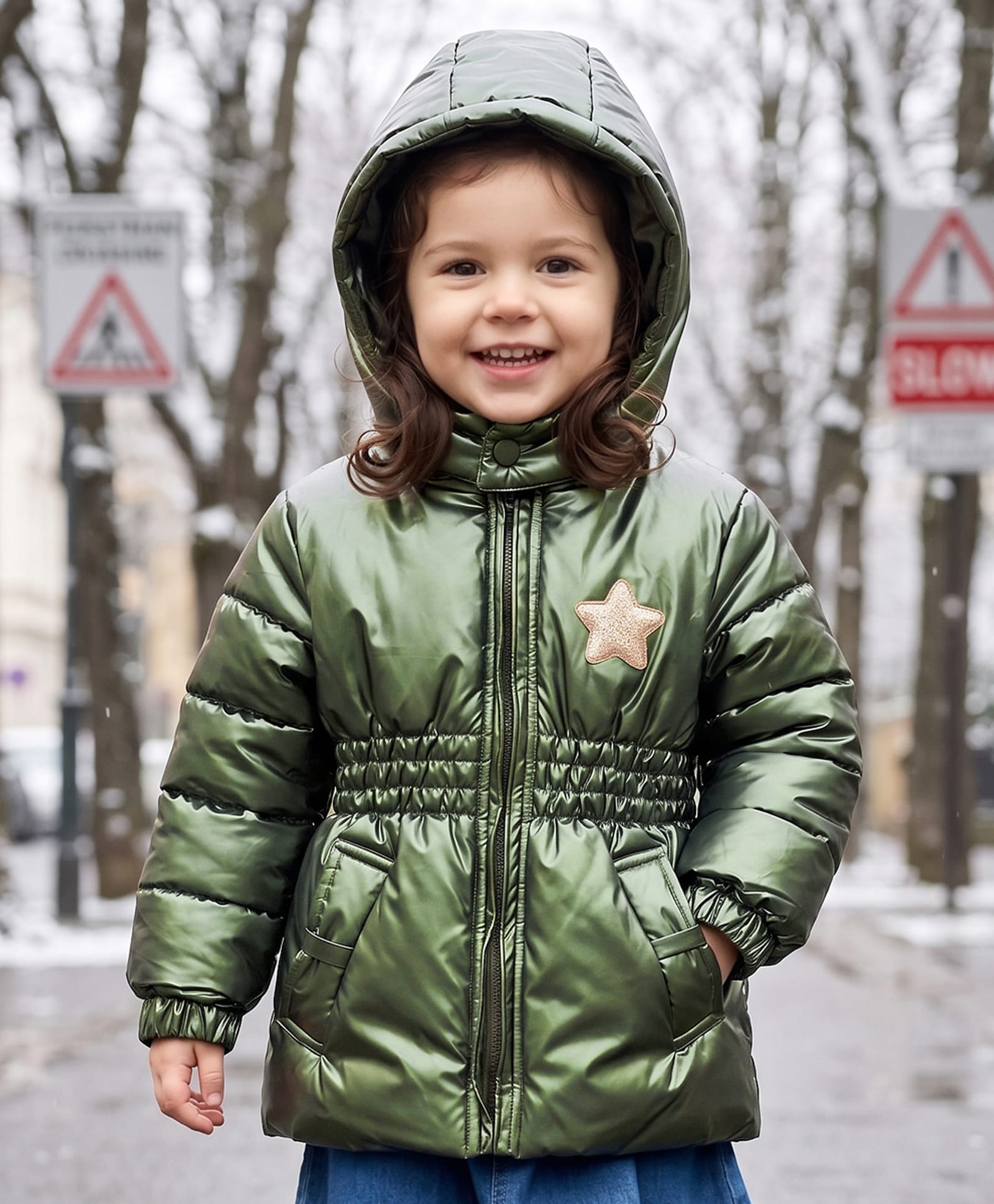 Babyhug Woven Full Sleeves Padded Hooded Jacket with Sequin Star Design - Olive Green-picture-24