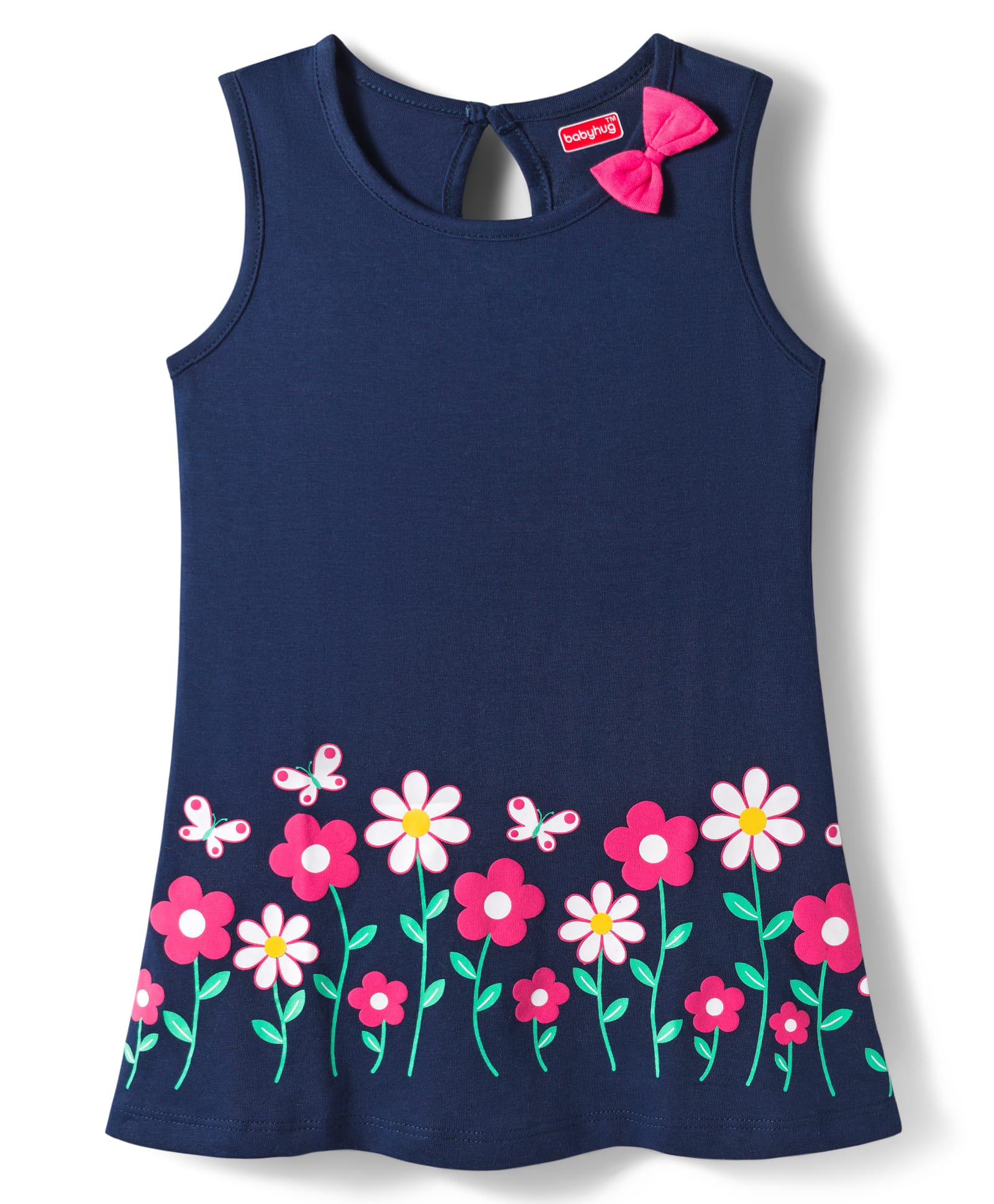 Babyhug Single Jersey Knit Sleeveless Frock With Floral Print & Bow Applique - Navy Blue