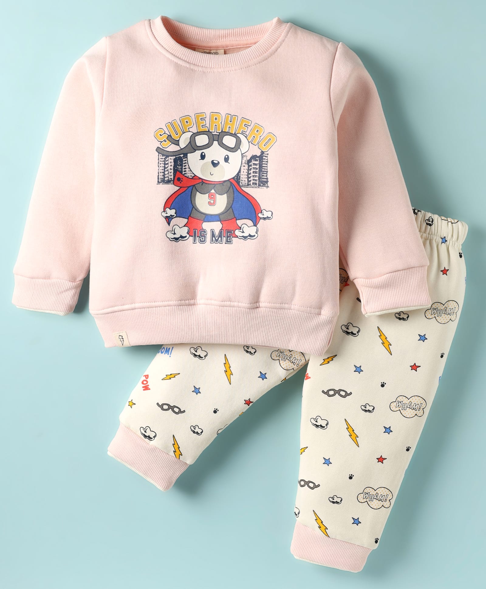 Ollypop Fleece Knit Full Sleeves Superhero Teddy Printed Winter Night Suit With Diaper Pant - Pink-image-0