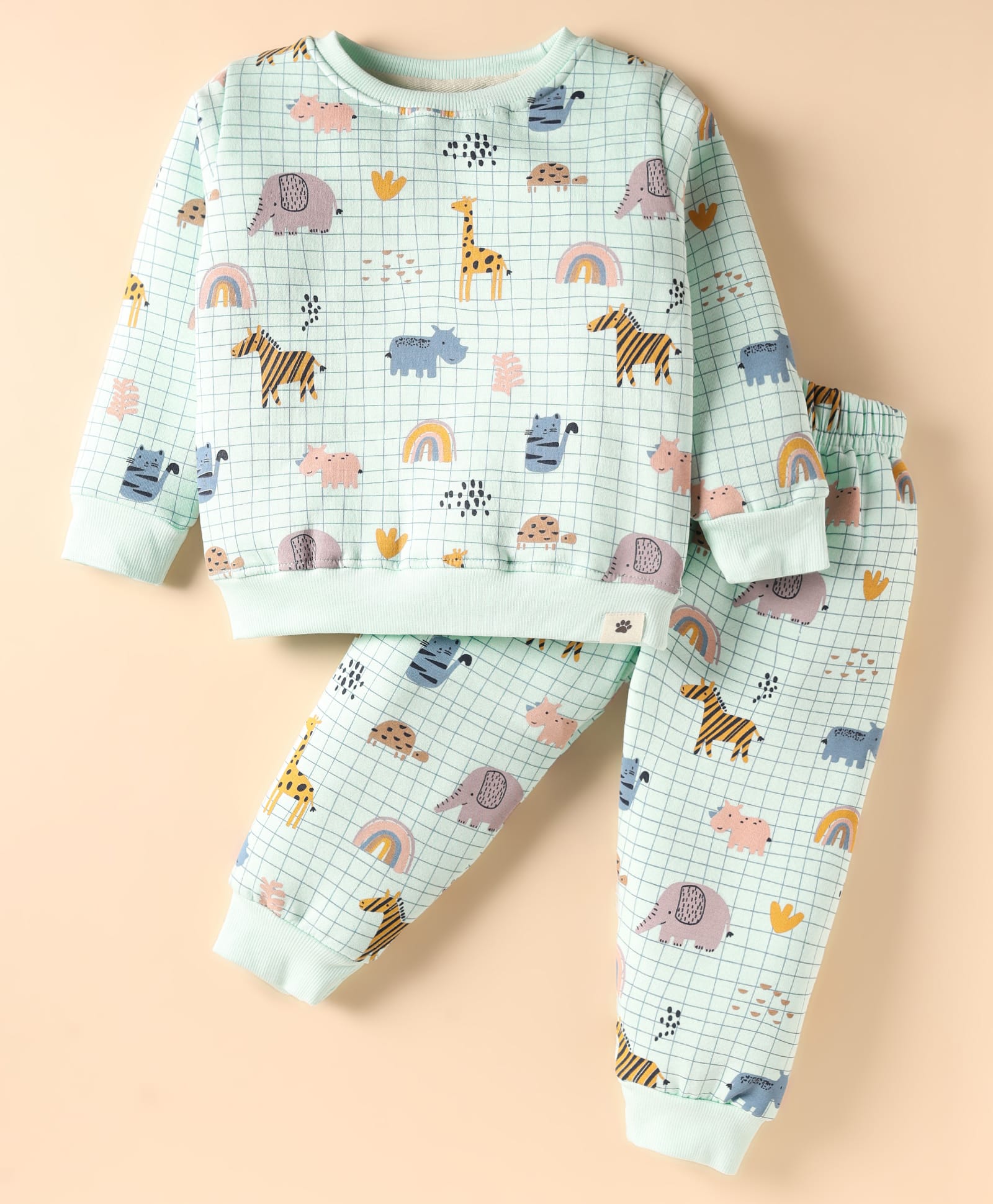 Ollypop Fleece Knit Full Sleeves Animal Printed Checks Co-Ords Winter Night Suit - Light Blue-picture-35