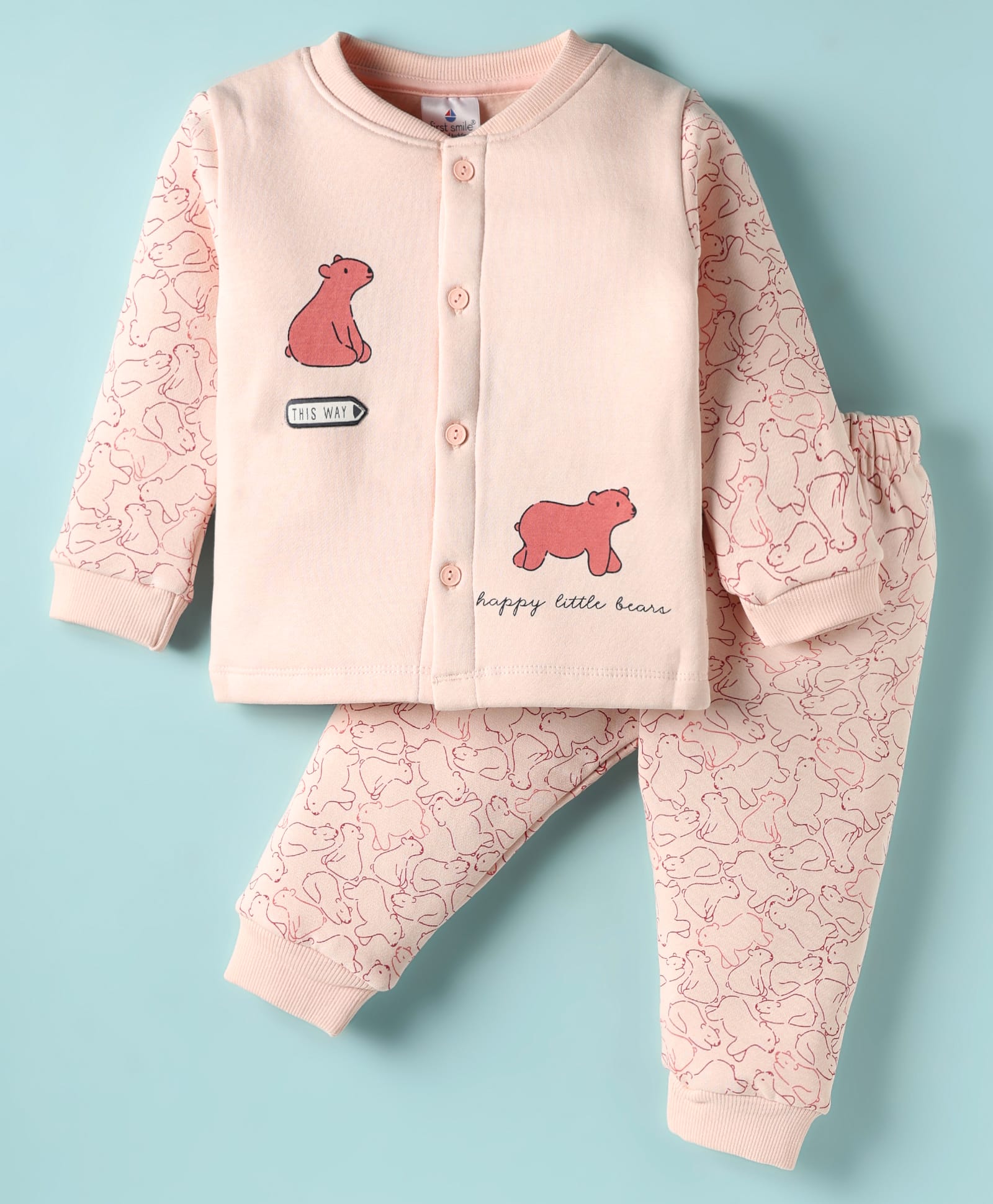 Ollypop Fleece Knit Full Sleeves Bear Printed Front Open Winter Night Suit - Baby Pink