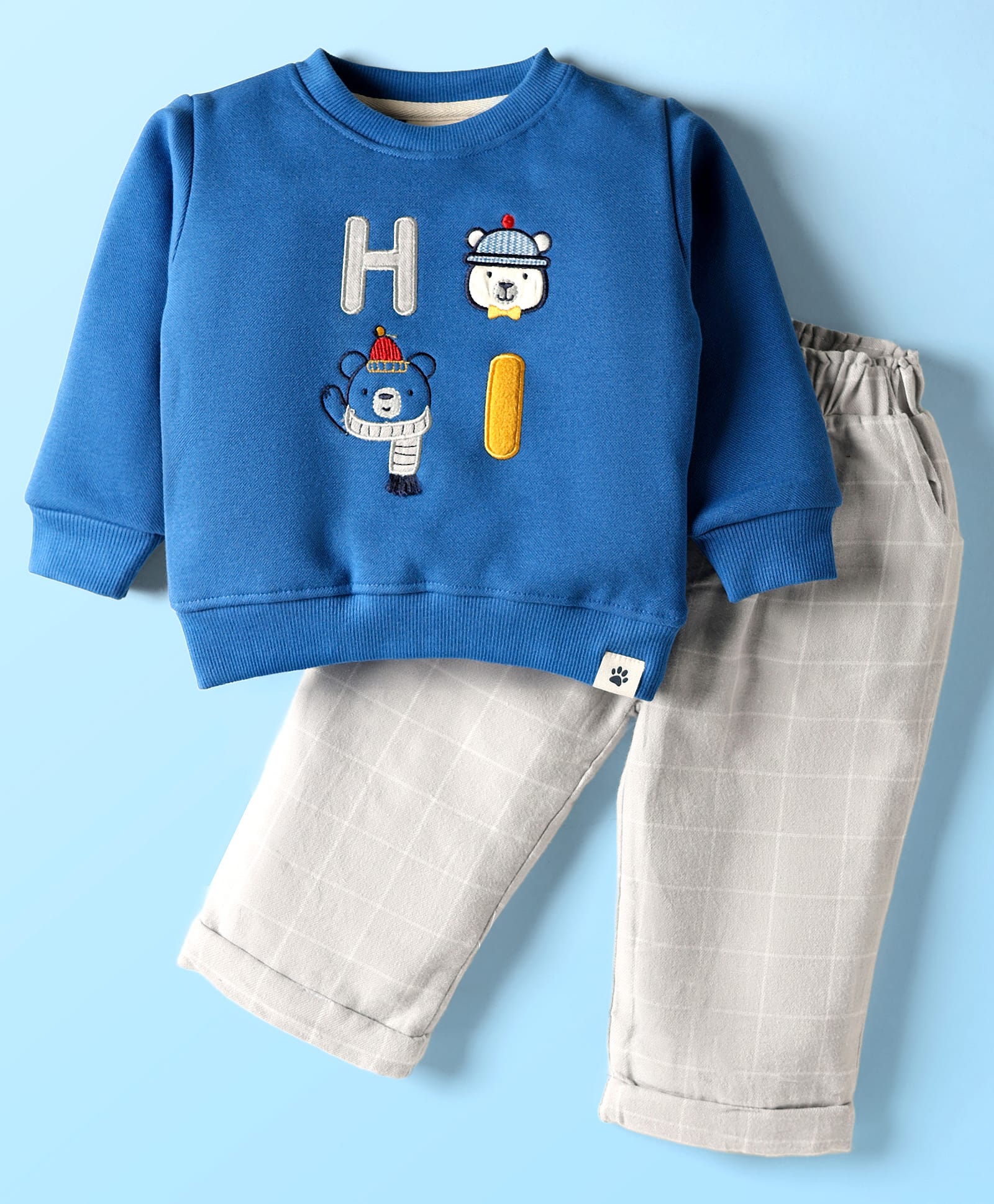 Ollypop Fleece Knit Full Sleeves Winter Wear Sweatshirt & Lounge Pant Set with Animal Embroidery & Checks - Blue-picture-47