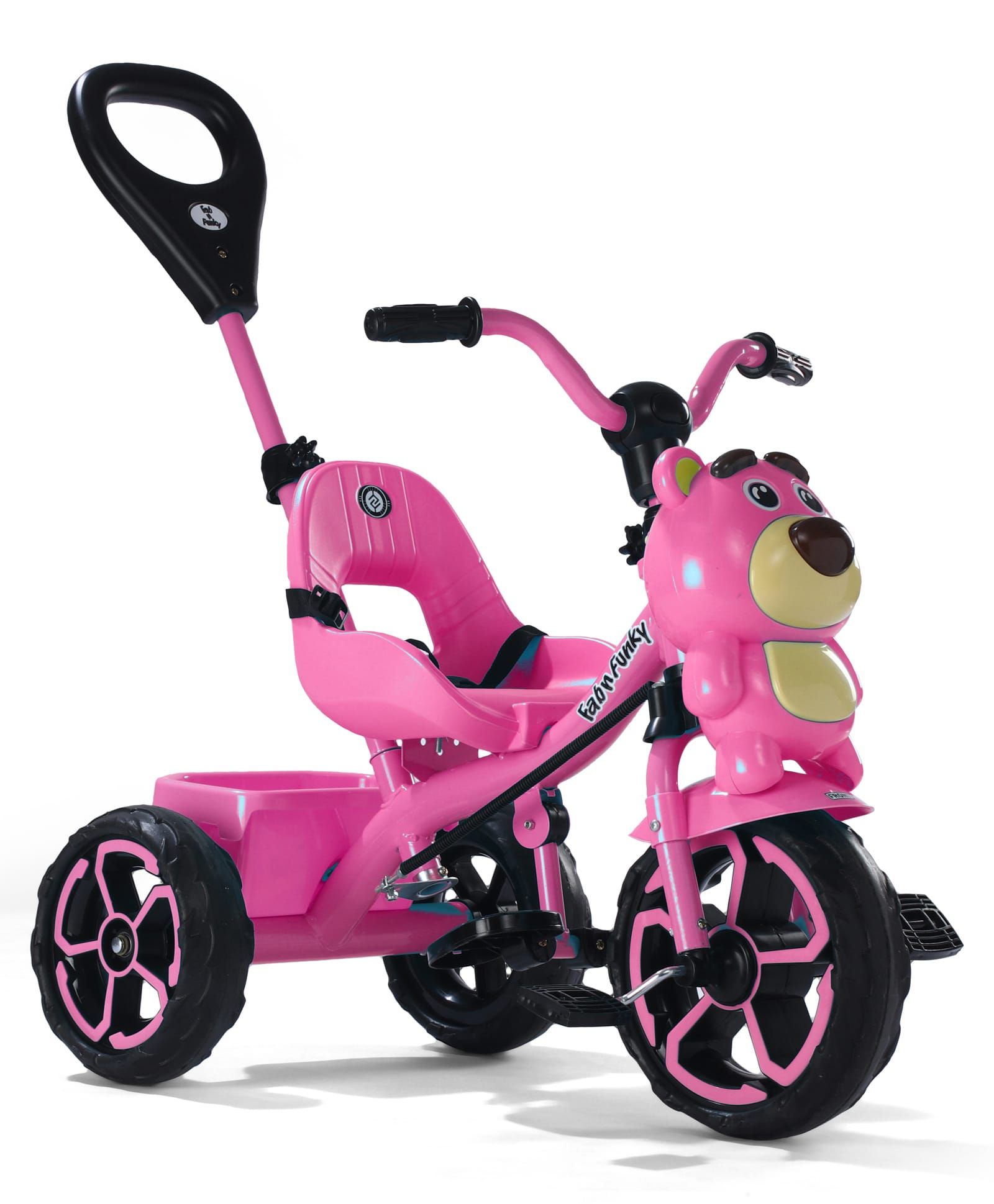 Teddy Face Plug & Play Tricycle with Parental Push Handle - Pink| Foldable Footrest| Safety Harness| Light & Music| Storage Basket| Anti-slip Pedals| Comfortable Seat with Backrest-image-47