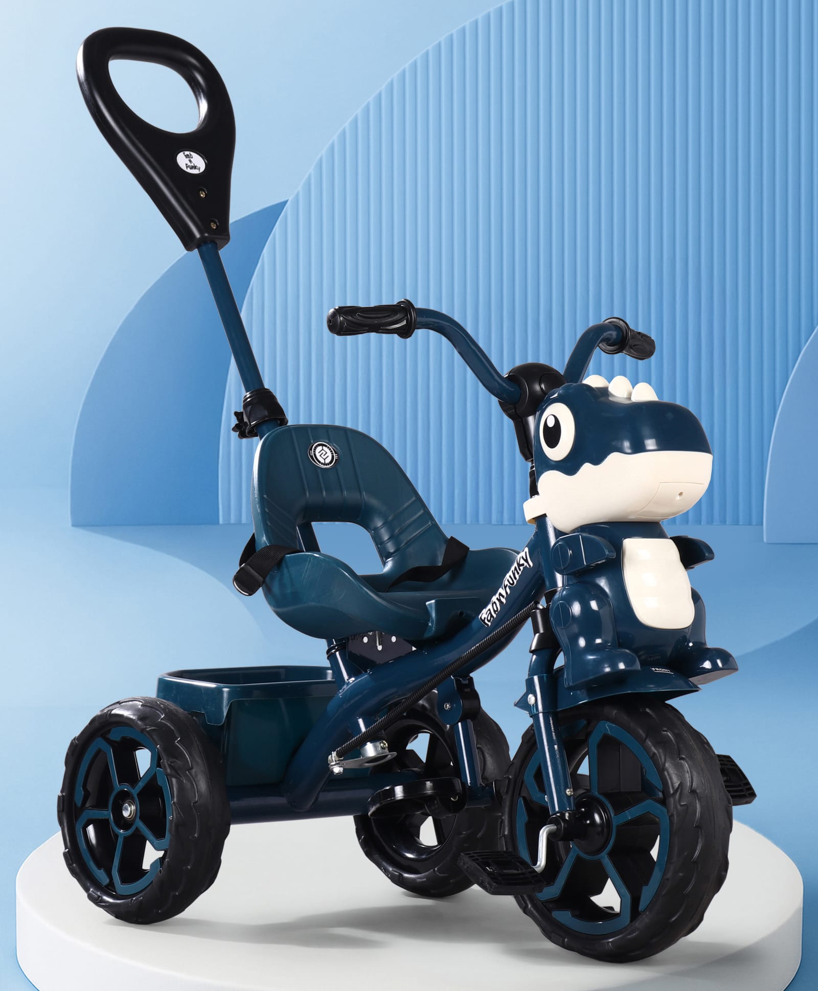 Dino Face Plug & Play Tricycle with Parental Push Handle - Blue| Foldable Footrest| Safety Harness| Light & Music| Storage Basket| Anti-slip Pedals| Comfortable Seat with Backrest| Smooth Wheels-image-21