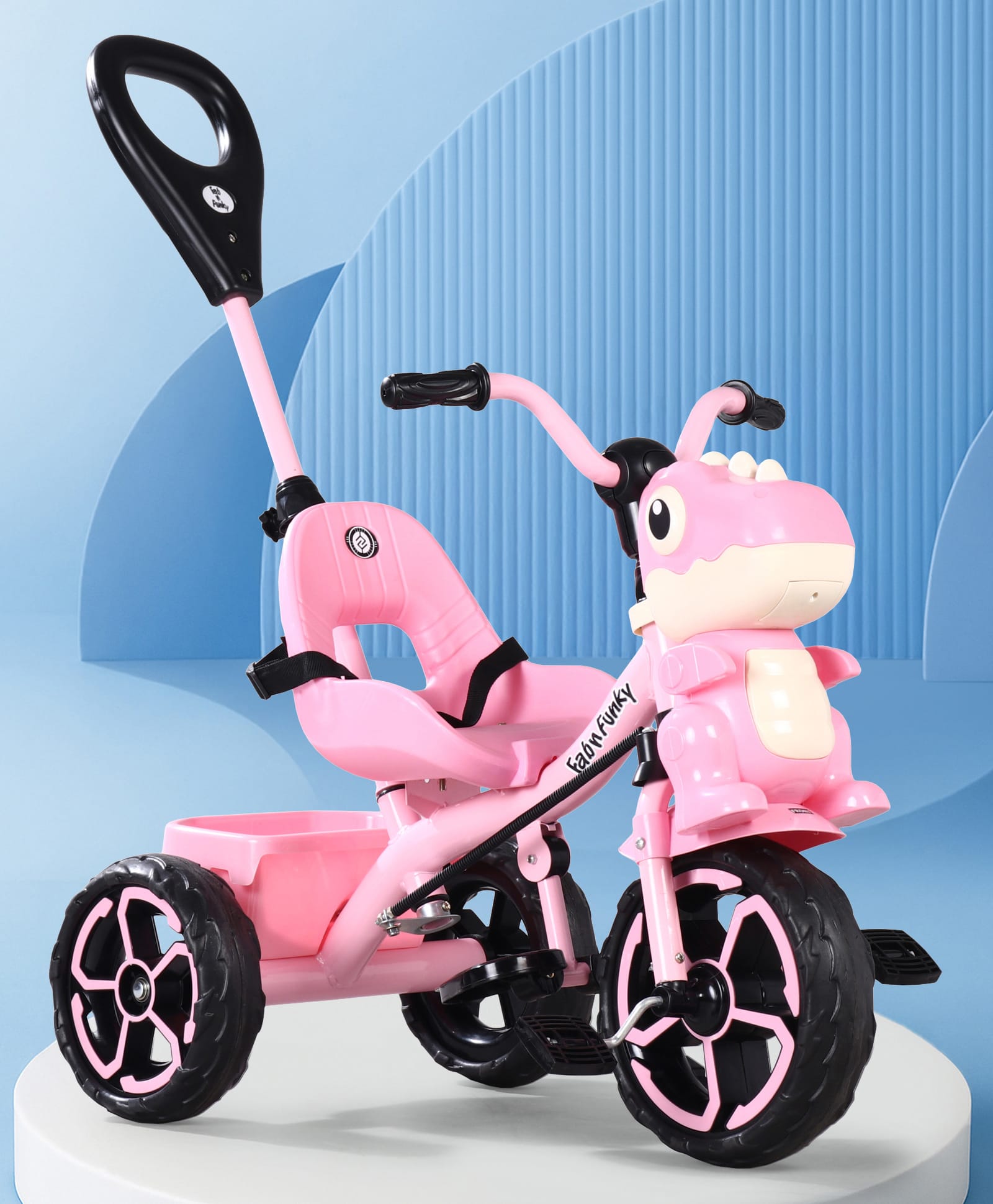 Dino Face Plug & Play Tricycle with Parental Push Handle - Pink| Foldable Footrest| Safety Harness| Light & Music| Storage Basket| Anti-slip Pedals| Comfortable Seat with Backrest| Smooth Wheels-image-18