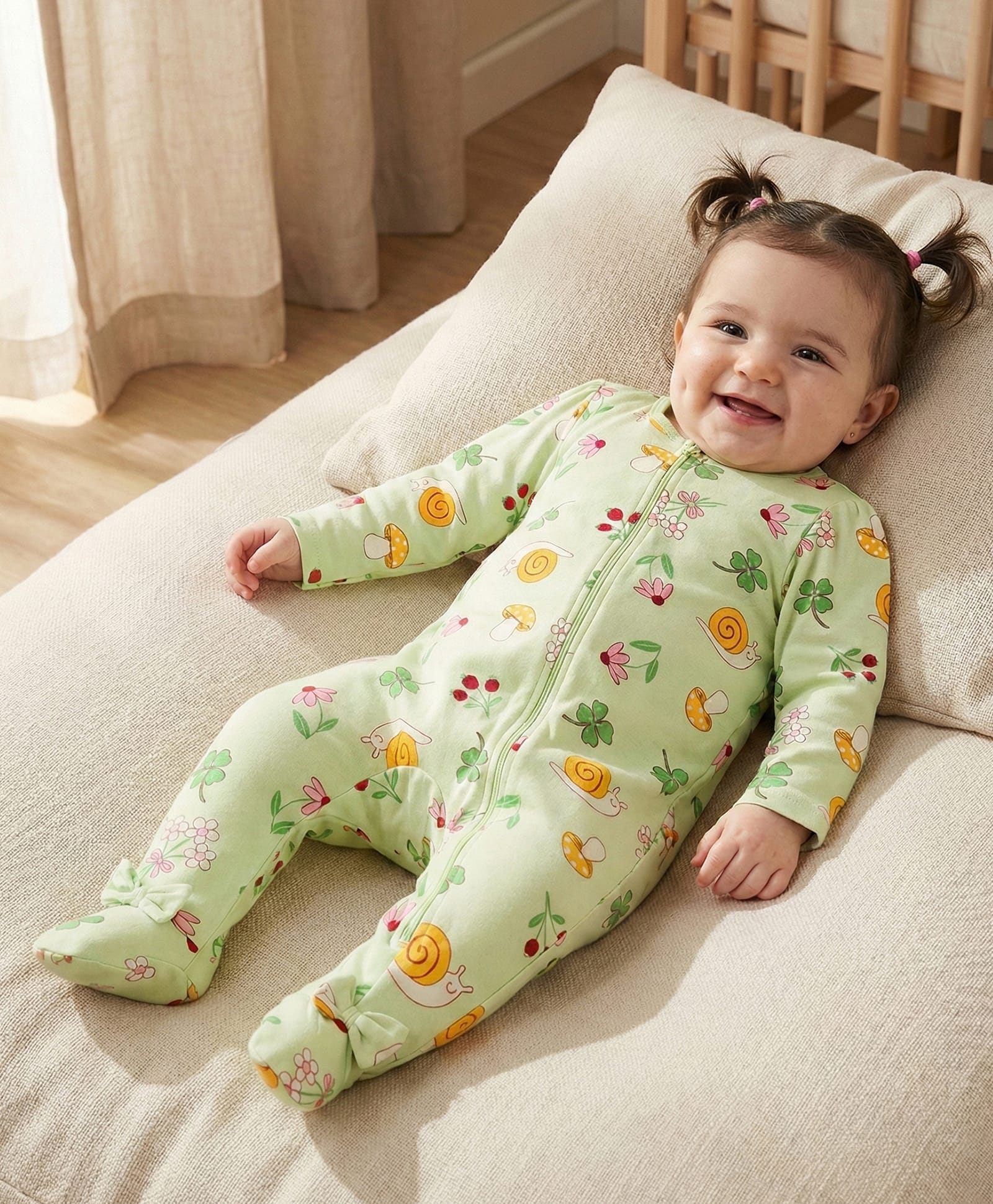 Babyoye 100% Cotton with Eco Jiva Finish Knit Full Sleeves Footed Sleep Suit with Floral Print - Light Green-image-48