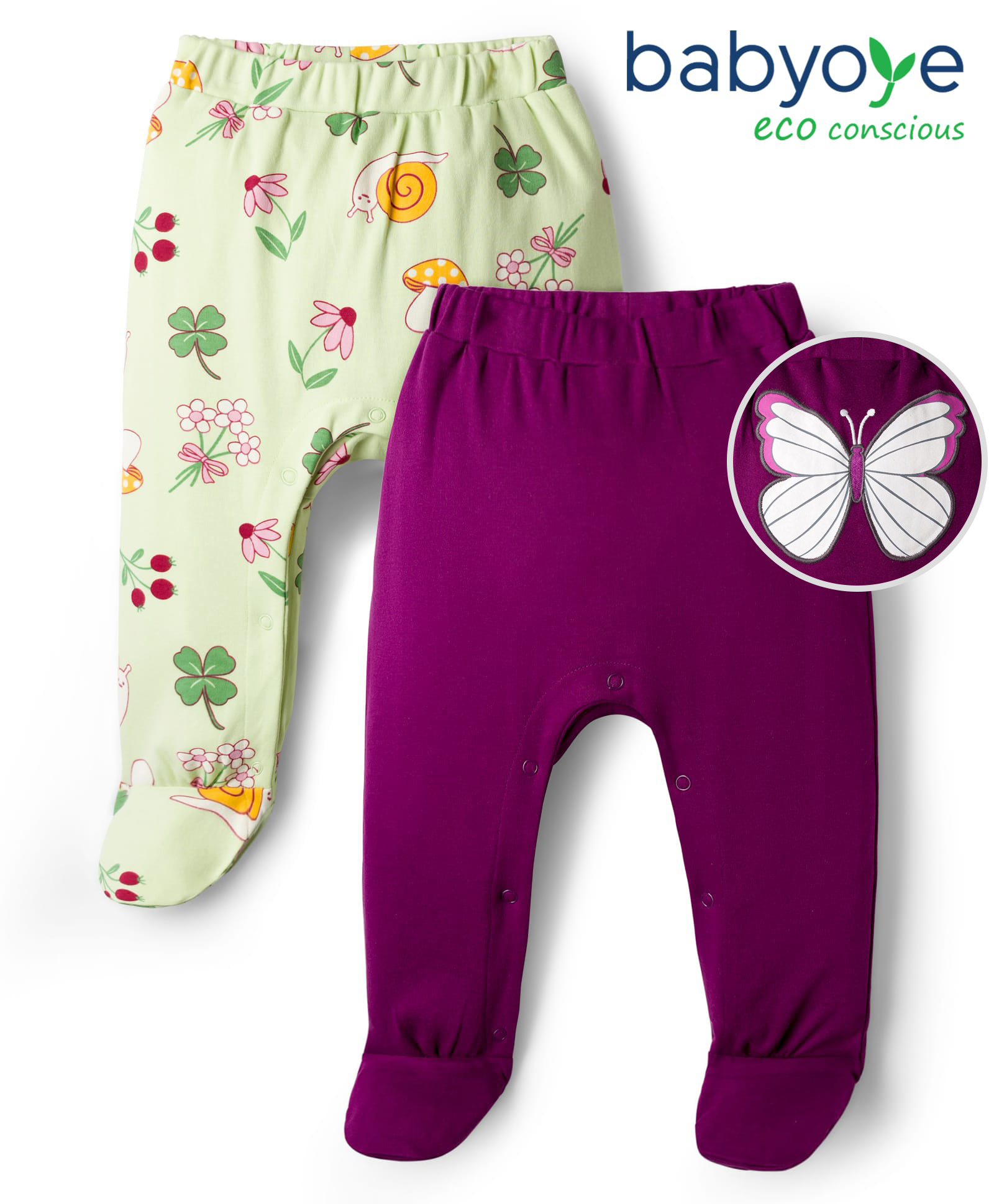 Babyoye Cotton Knit Bootie Leggings With Eco Jiva Finish Butterfly Embroidery & Floral Print Pack of 2 - Light Green & Purple-image-16