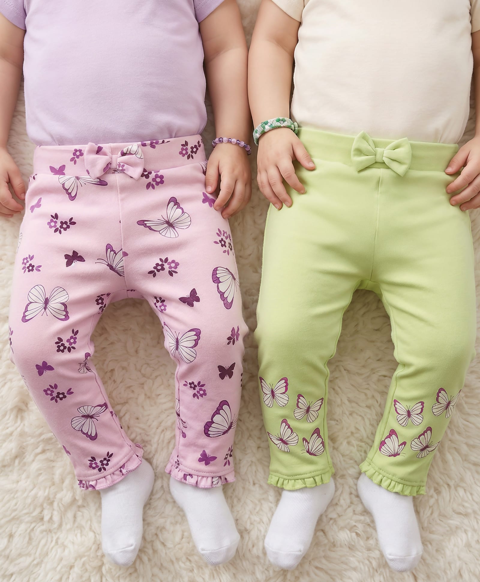 Babyoye 100% Cotton Knit With Eco Jiva Finish Leggings with Butterfly Print & Bow Applique Pack of 2 - Pink & Light Green-image-26