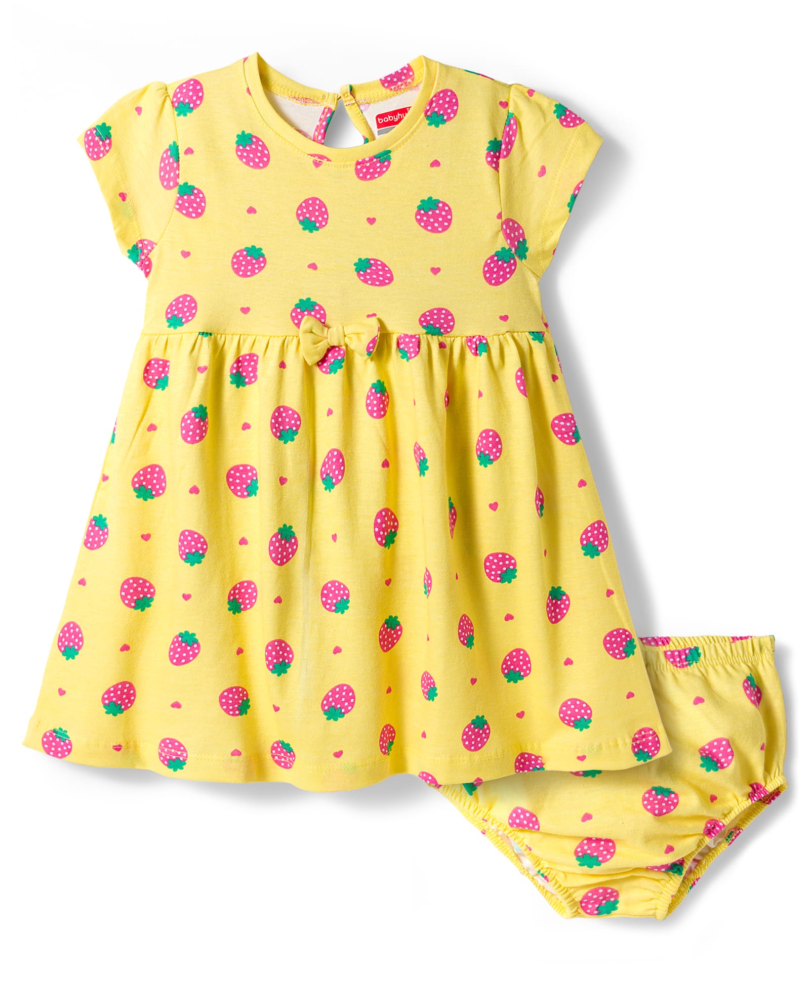 Babyhug Cotton Knit Half Sleeves Frock With Strawberry Print & Bloomer - Yellow-image-0