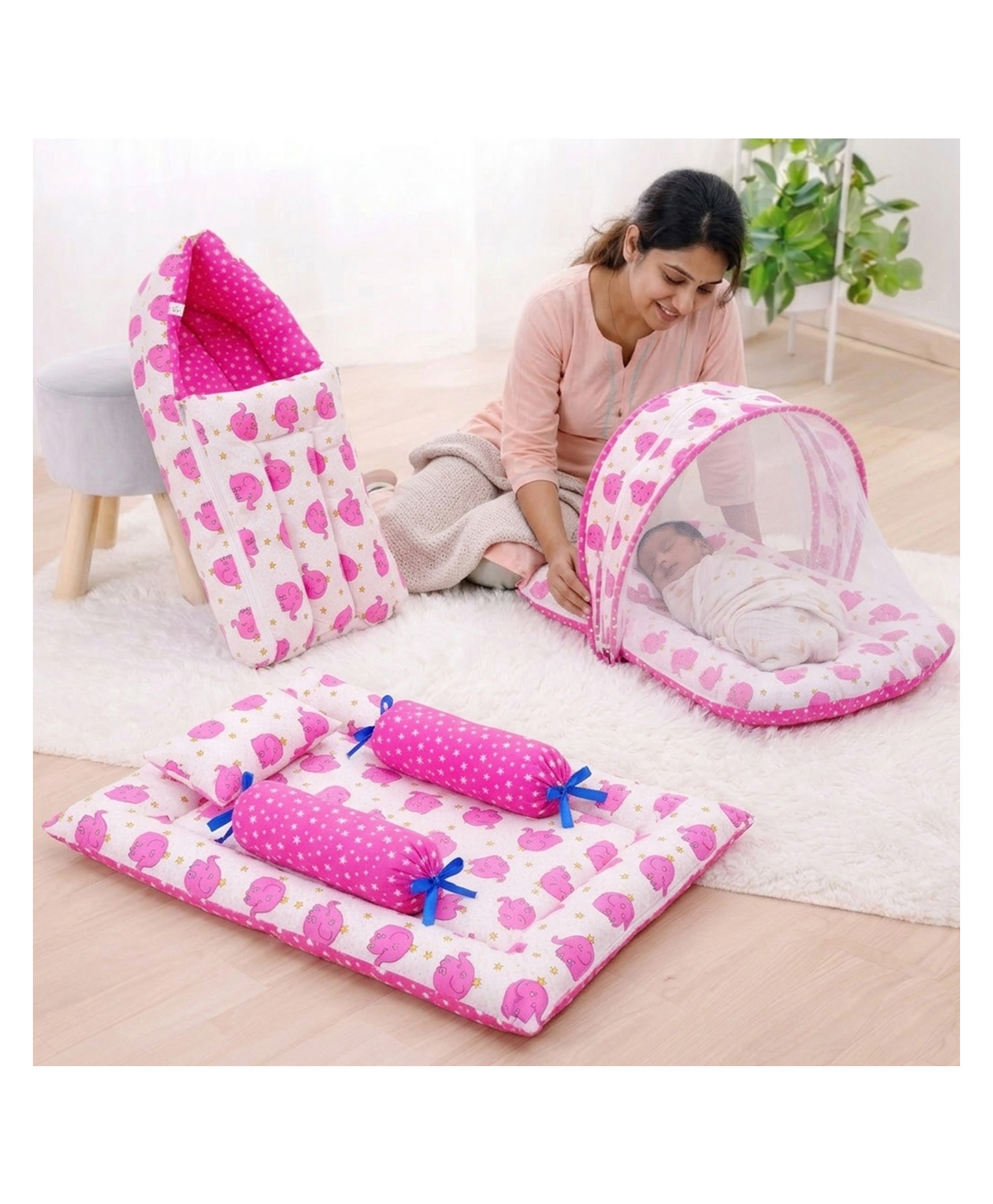 Fareto Combo of Baby Bed with Net Sleeping Bag 4 Pcs Bedding Set,Pink-image-37