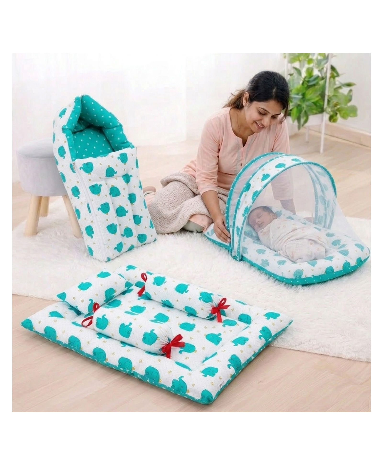 Fareto Combo of Baby Bed with Net Sleeping Bag 4 Pcs Bedding Set,Aqua Green-image-48