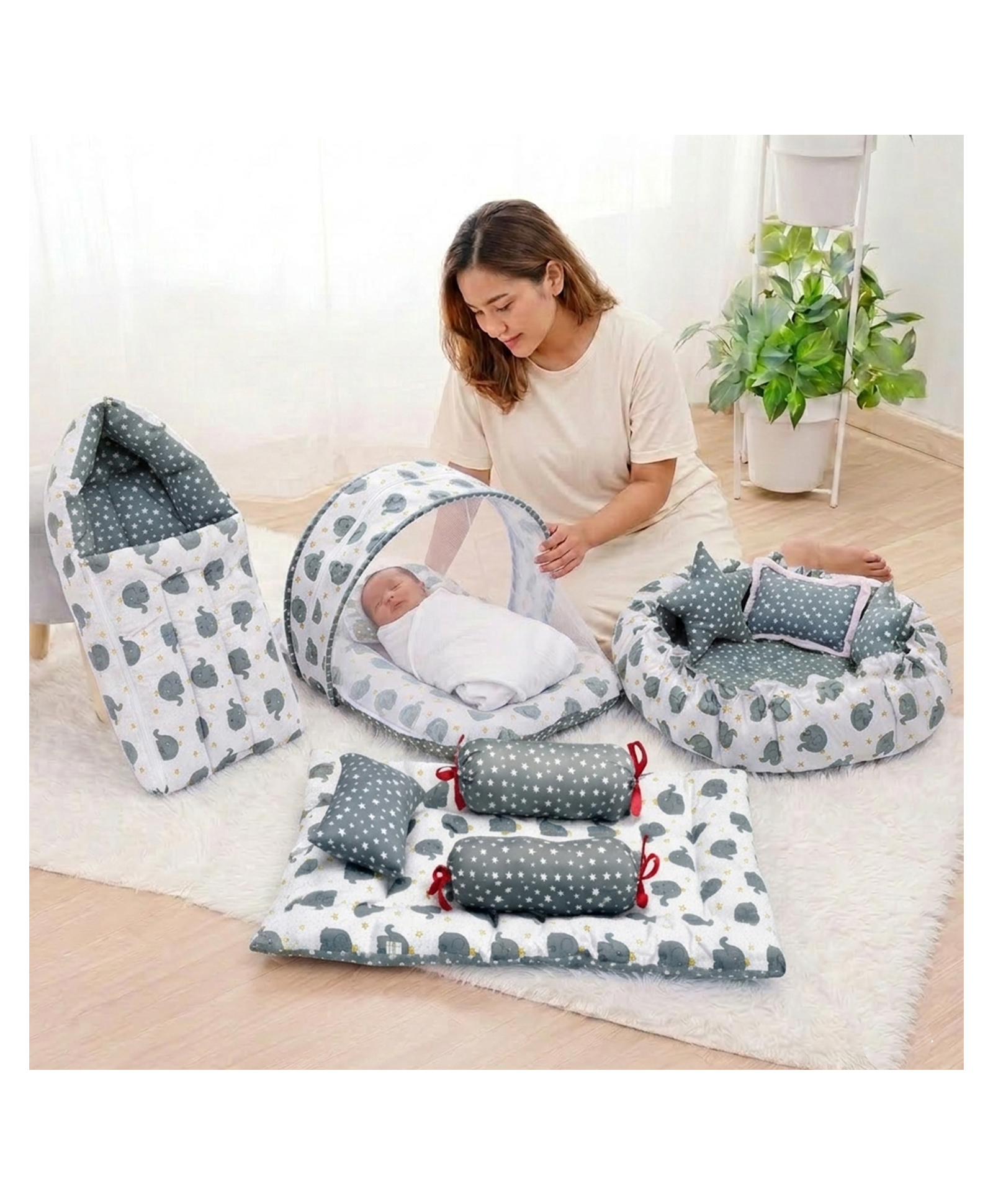 Fareto Combo of Baby Bed with Net Sleeping Bag 4 Pcs Bedding Set Nest set,Grey-picture-11
