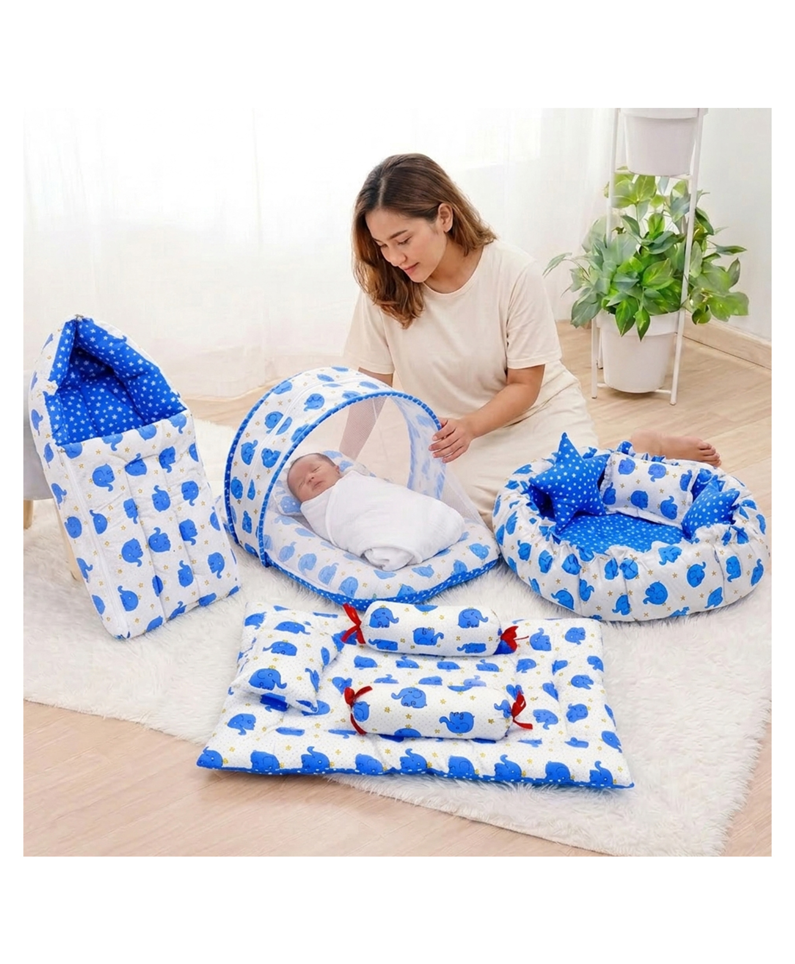 Fareto Combo of Baby Bed with Net Sleeping Bag 4 Pcs Bedding Set Nest set,Blue-image-42