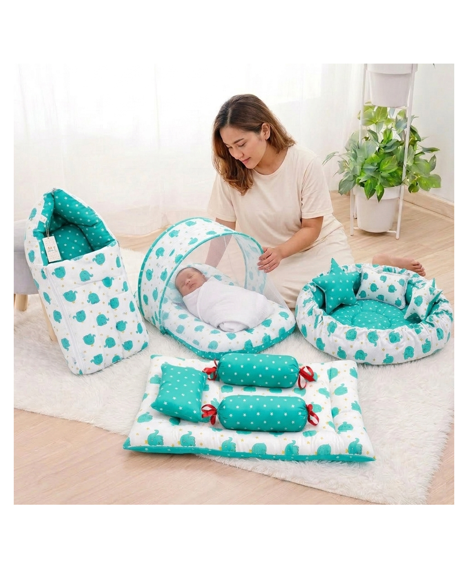 Fareto Combo of Baby Bed with Net Sleeping Bag 4 Pcs Bedding Set Nest set,Aqua Green-image-40