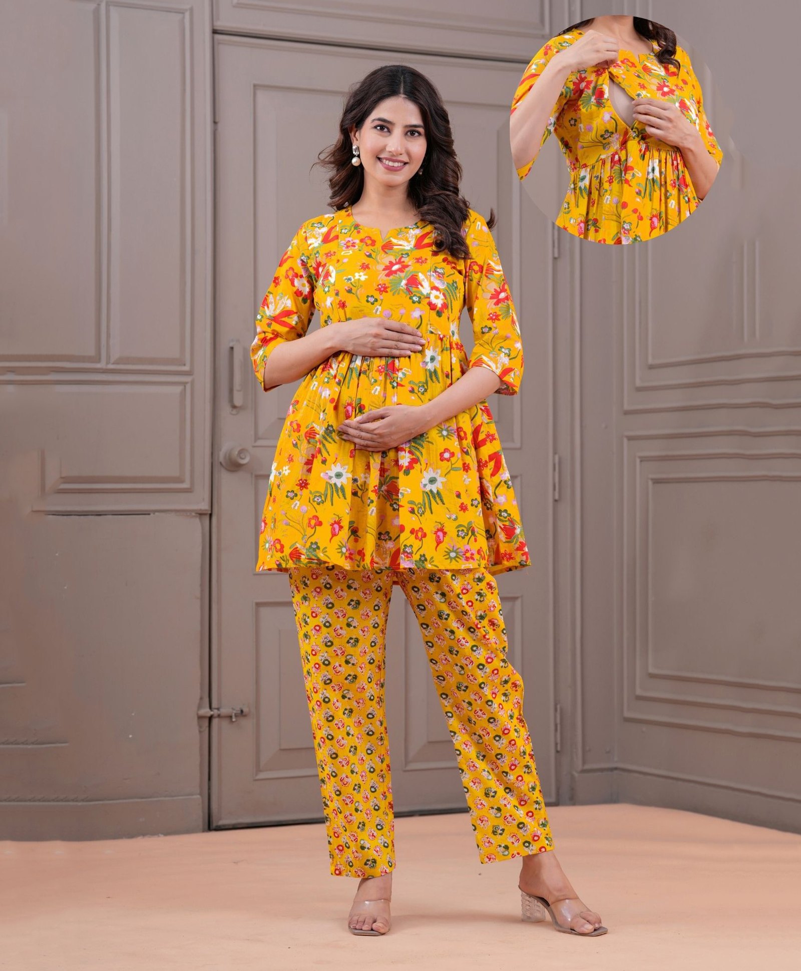CeleBravo Cotton Woven Three Fourth Sleeves Floral Printed Maternity Ethnic Kurta With Nursing Access & Pant Set - Mustard-picture-18