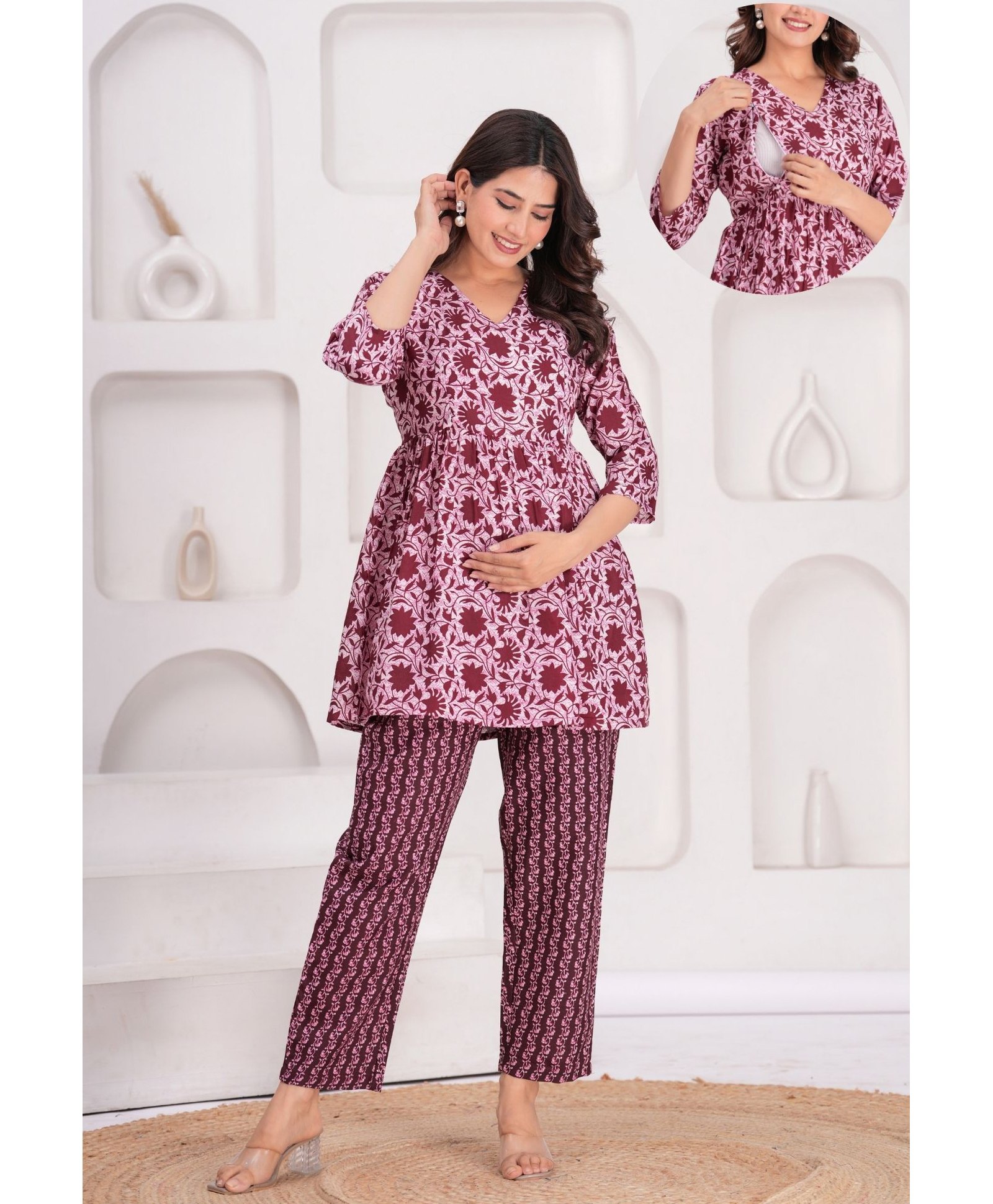 CeleBravo Rayon Woven Three Fourth Sleeves Floral Printed Maternity Ethnic Kurta With Nursing Access & Pant Set - Maroon
