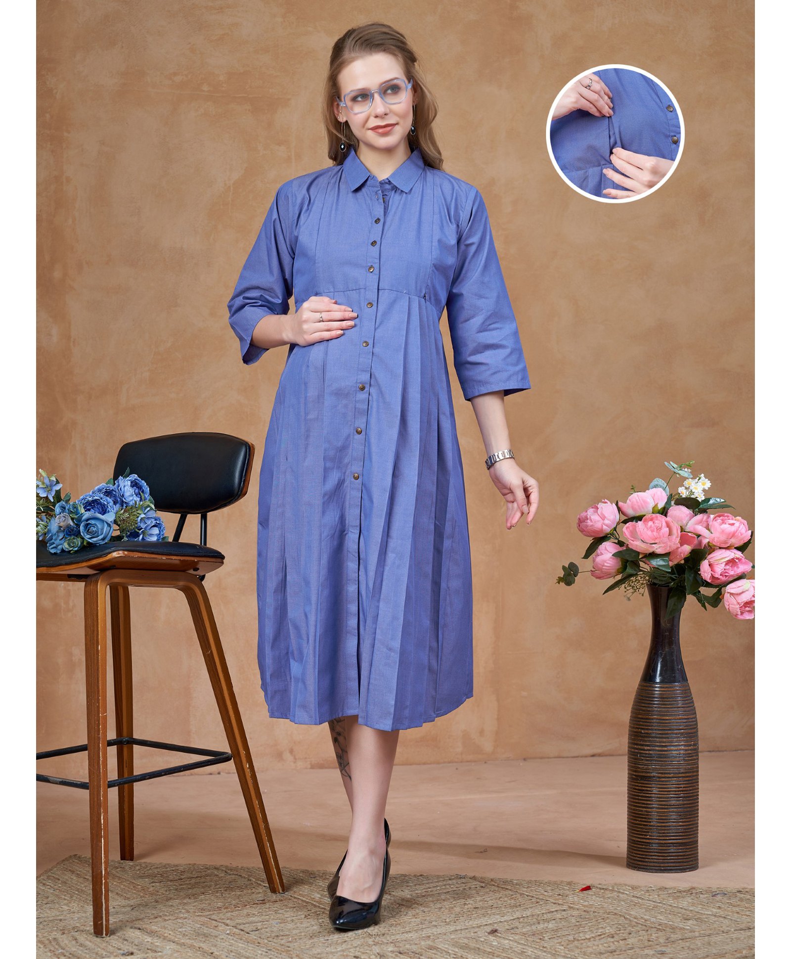 Lovely Mom's Oxford Woven Three Fourth Sleeves Solid Shirt Style Maternity Dress With Nursing Access - Blue-image-38