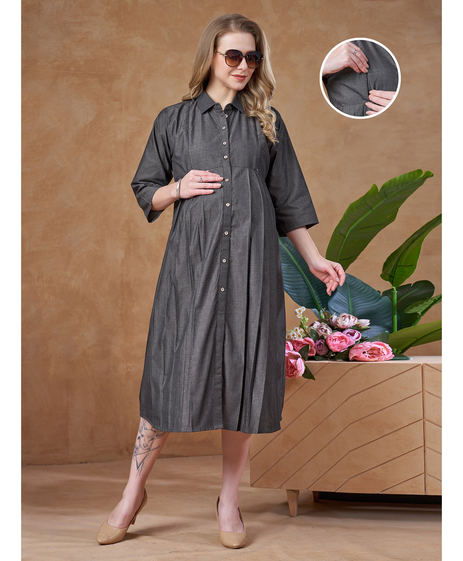 Lovely Mom's Oxford Woven Three Fourth Sleeves Solid Shirt Style Maternity Dress With Nursing Access - Charcoal Grey-image-16