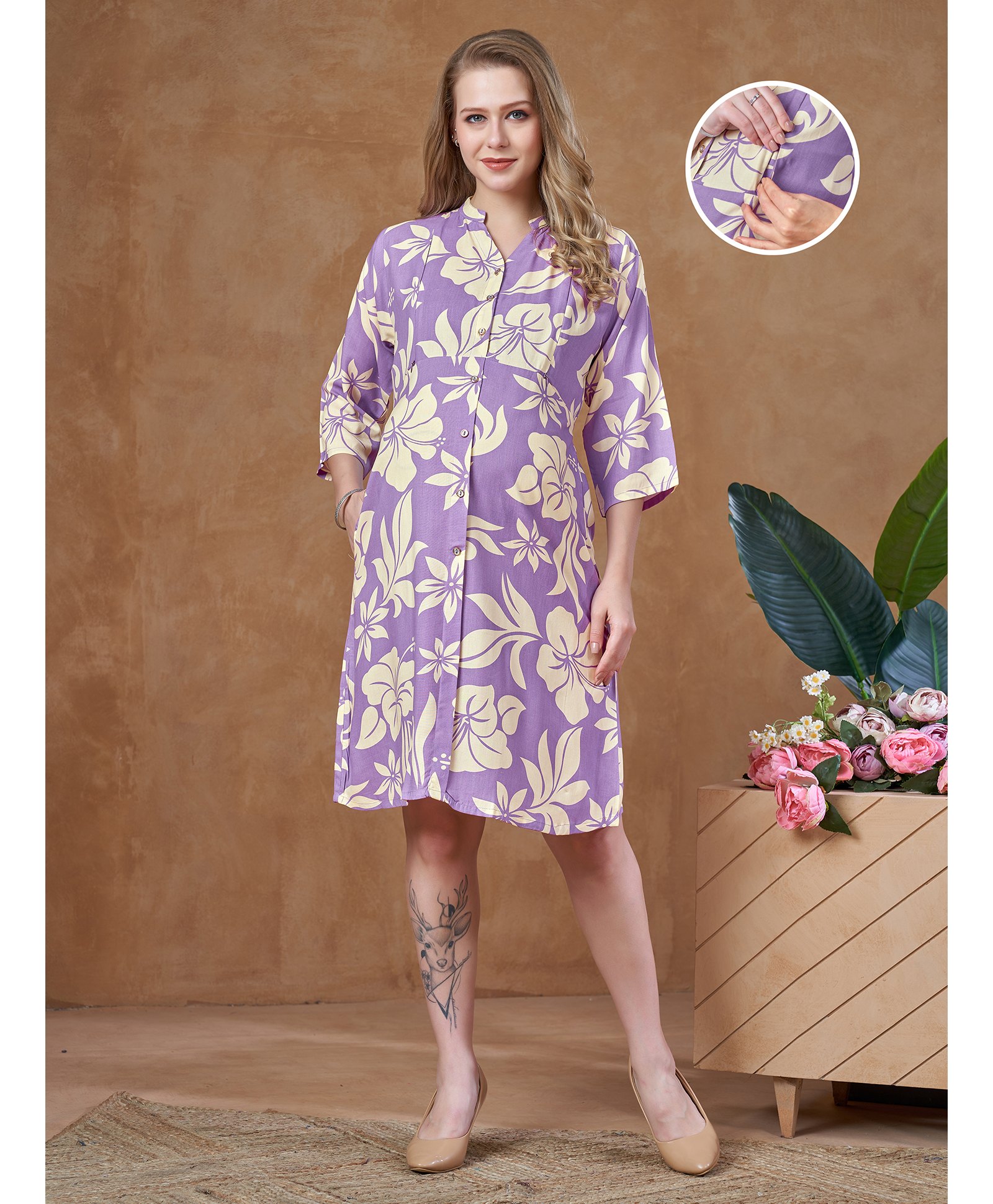 Lovely Mom's Rayon Woven Three Fourth Sleeves Floral Printed Maternity Dress With Nursing Access - Lavender-image-8