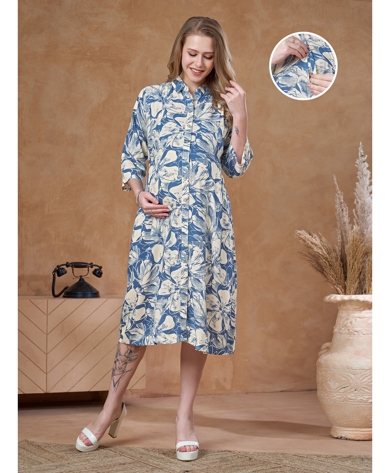 Lovely Mom's Rayon Woven Three Fourth Sleeves Floral Printed Maternity Dress With Nursing Access - Blue-image-33