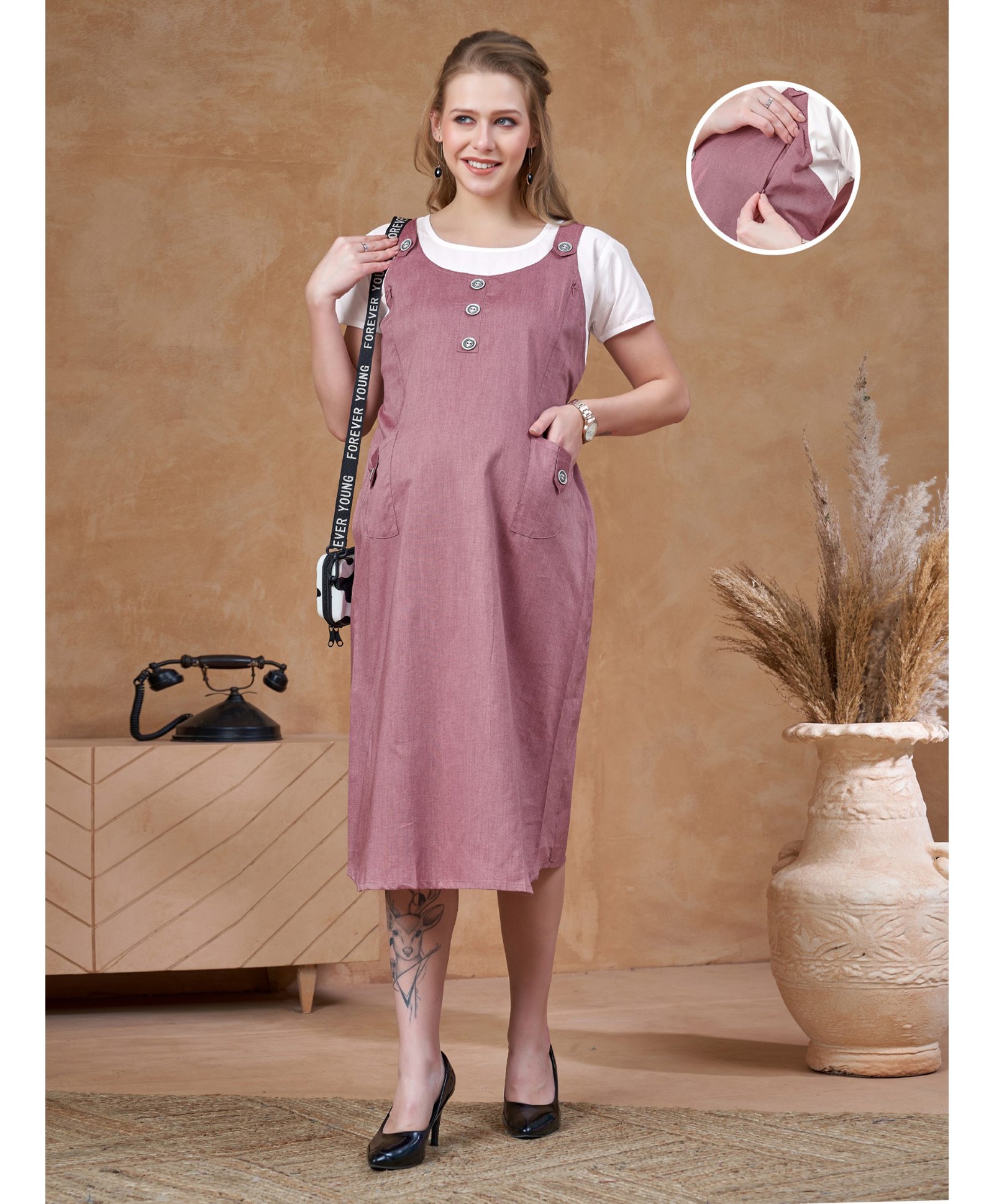 Lovely Mom's Oxford Woven Half Sleeves Cut & Sew Maternity Dress With Nursing Access - Pink