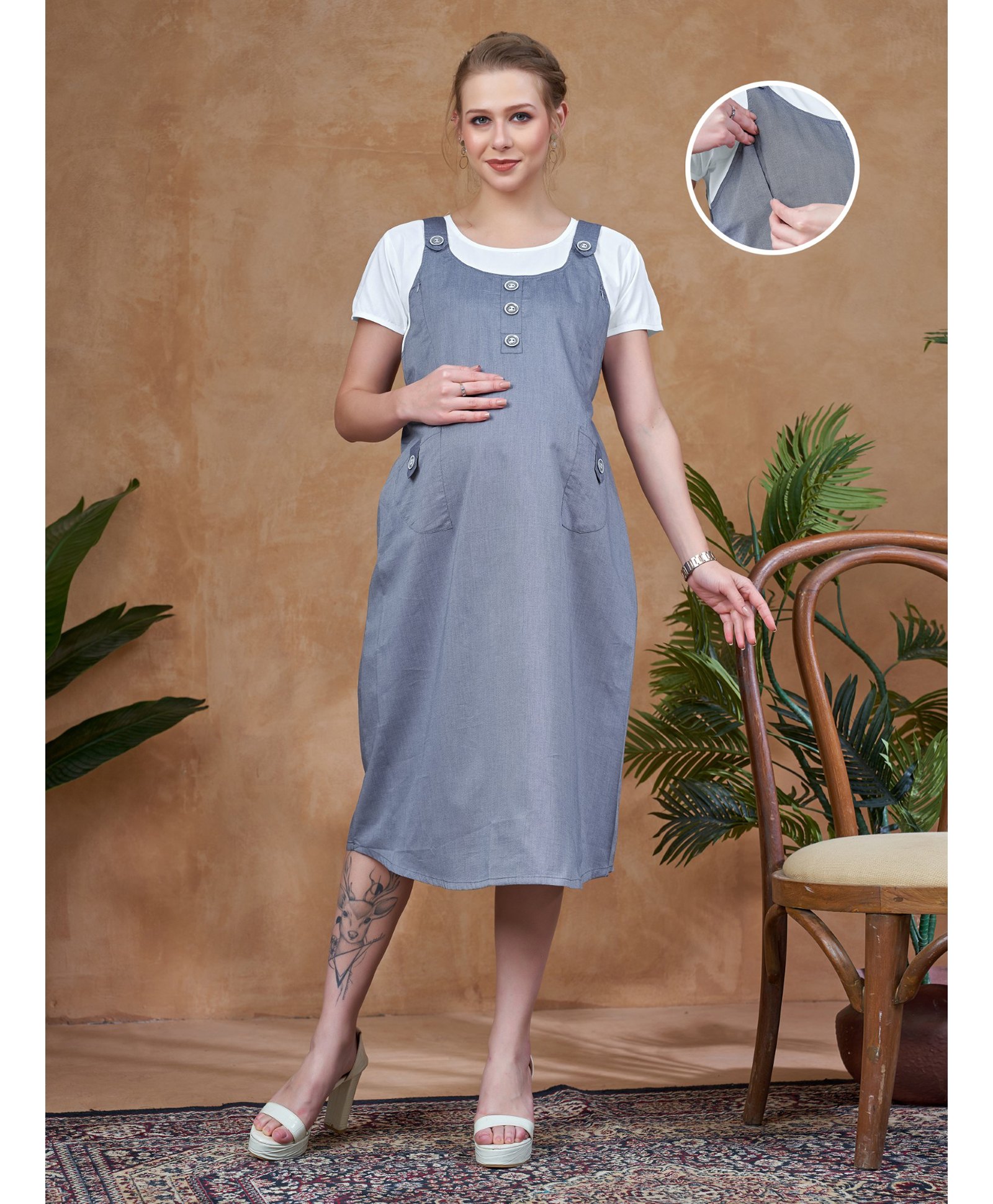 Lovely Mom's Oxford Woven Half Sleeves Cut & Sew Maternity Dress With Nursing Access - Light Blue-picture-23
