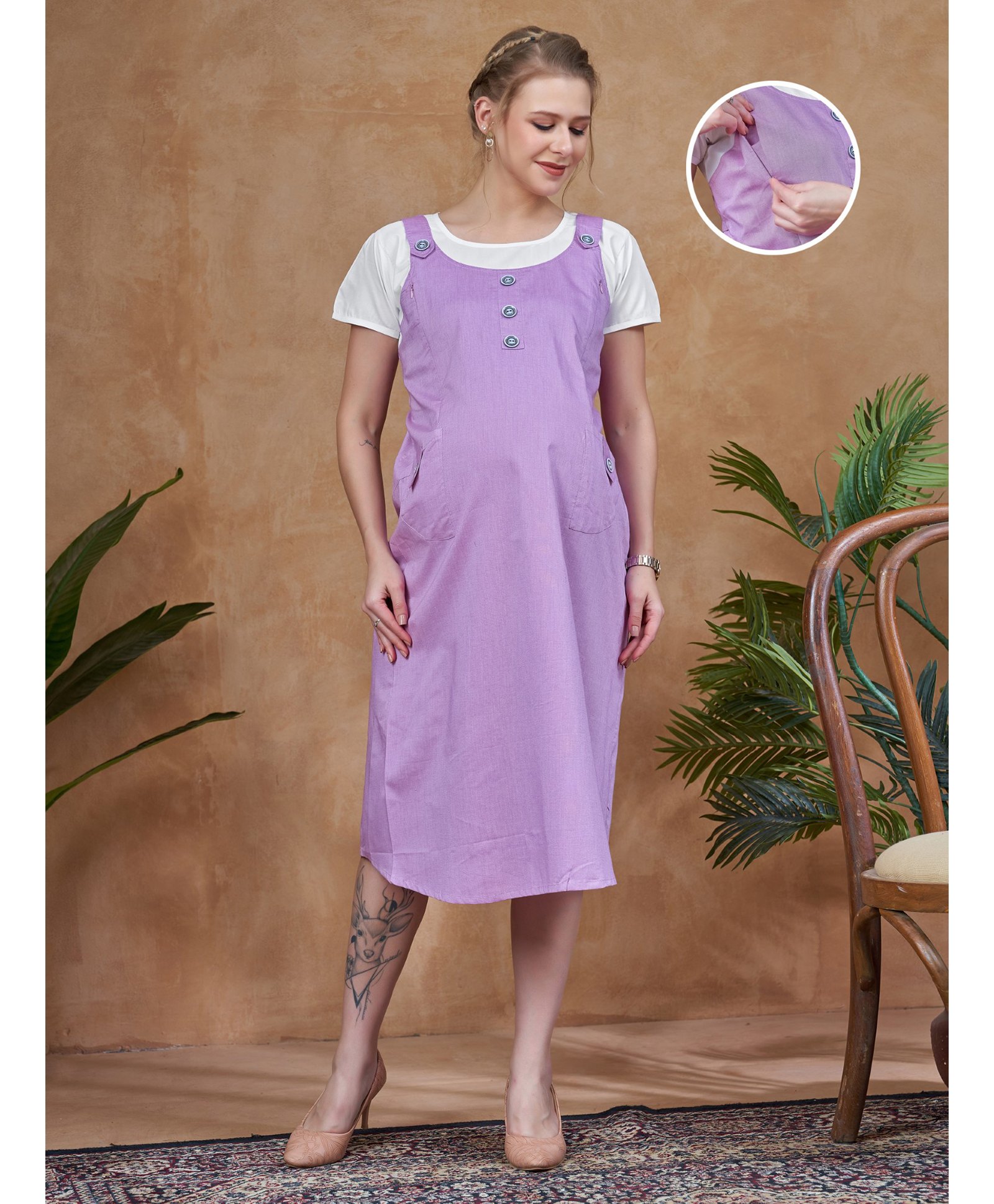 Lovely Mom's Oxford Woven Half Sleeves Cut & Sew Maternity Dress With Nursing Access - Lavender-image-10