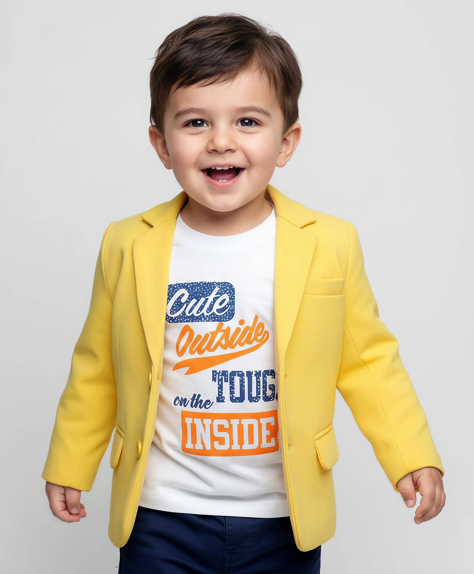 Babyhug Knit Full Sleeves Solid Coloured Partywear Blazer With Text Printed Tee - Yellow-image-49