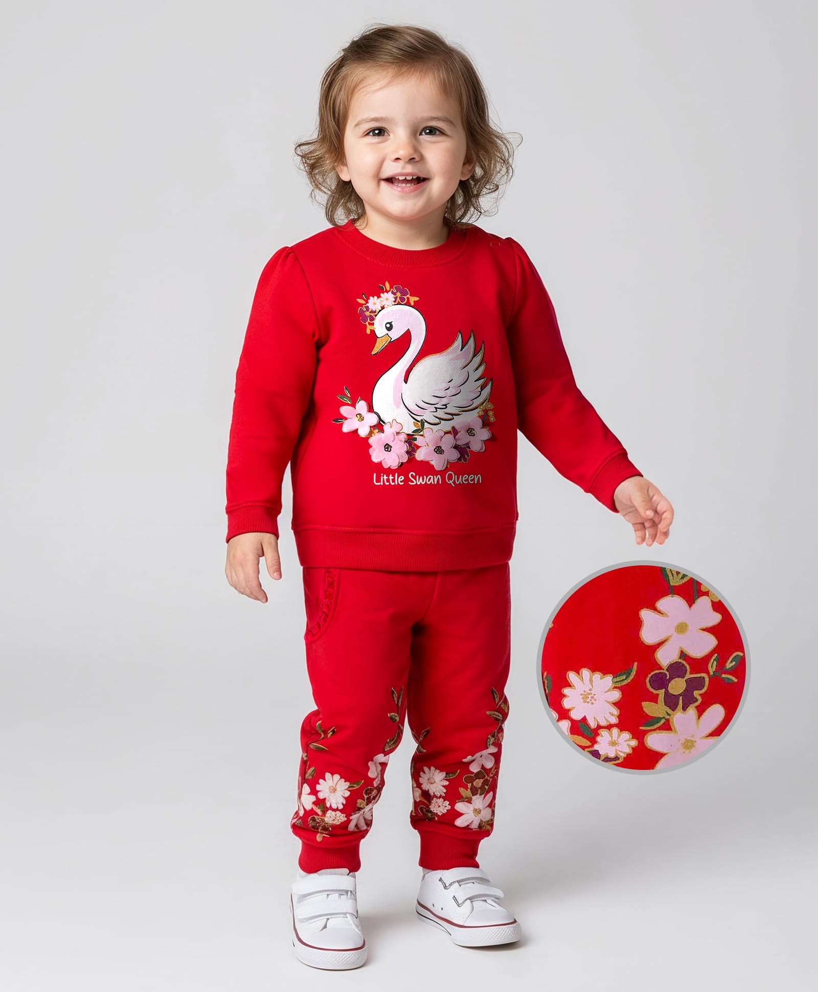 Babyoye 100% Cotton Knit Full Sleeves Winter Wear Sweatshirt & Lounge Pant Set With Swan Queen & Floral Print - Orange-image-47