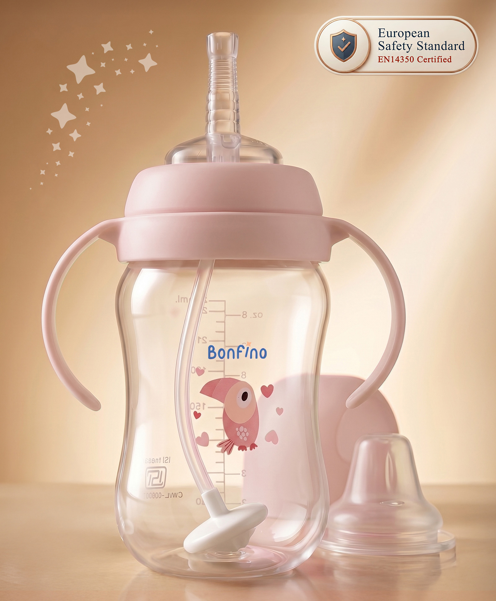 Bonfino EasyGrow 3-in-1 Baby Transition Sipper Bottle with Nipple, Soft Spout & Straw 250 ml - Peach| Spill-Proof| BPA Free| 0 Months+| Measuring Scale| Home & Travel| Twin Handle| Weighted Straw-picture-12