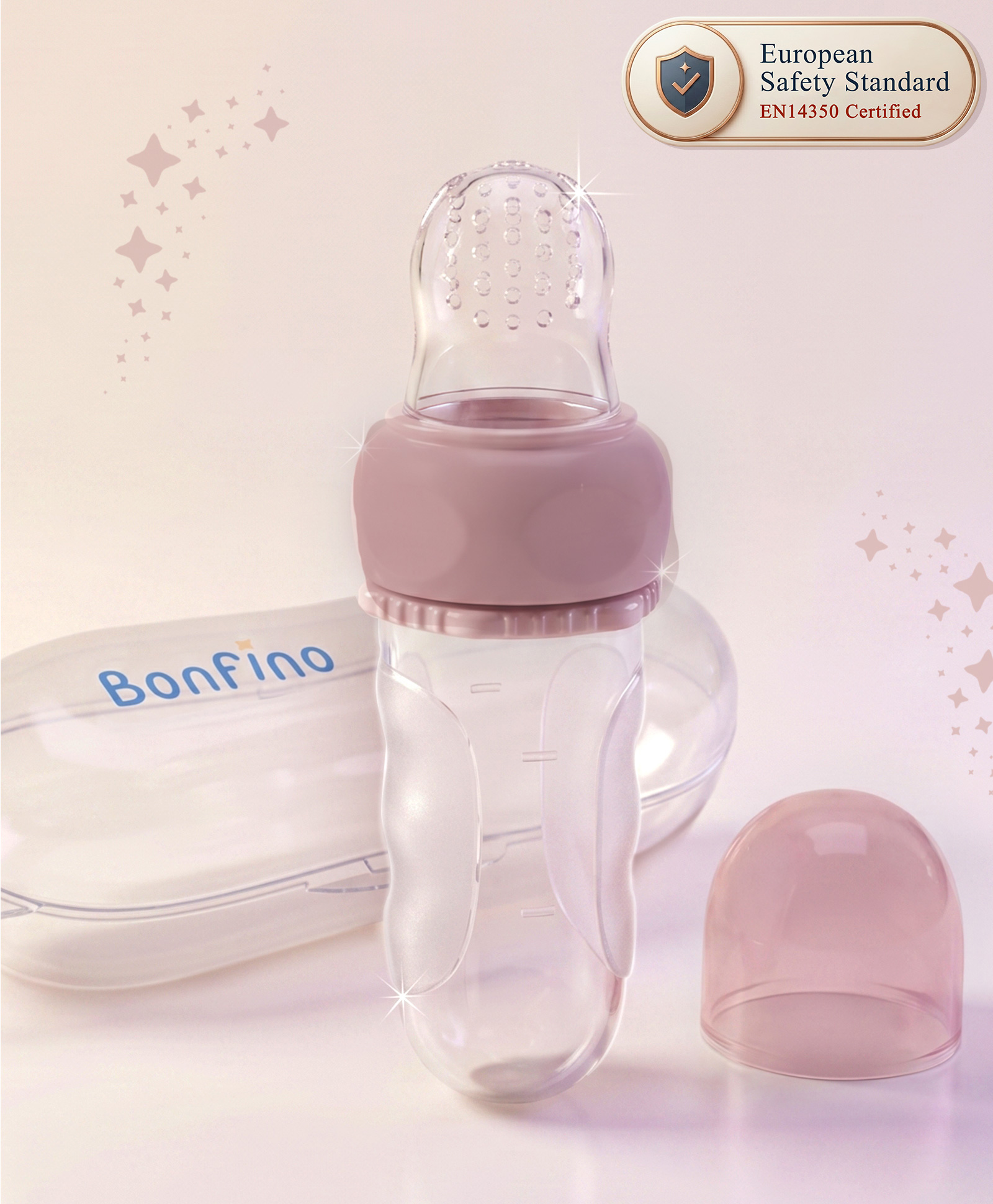 Bonfino Easy Squeeze Silicone Food Feeder - Peach| 6 Months+| Soft-Squeeze| Encourages Self-Feeding| Leak-Proof Anti-Spill Valve| Food-Grade| BPA-Free| Controlled Flow & Portion Markings| Travel Case-image-9